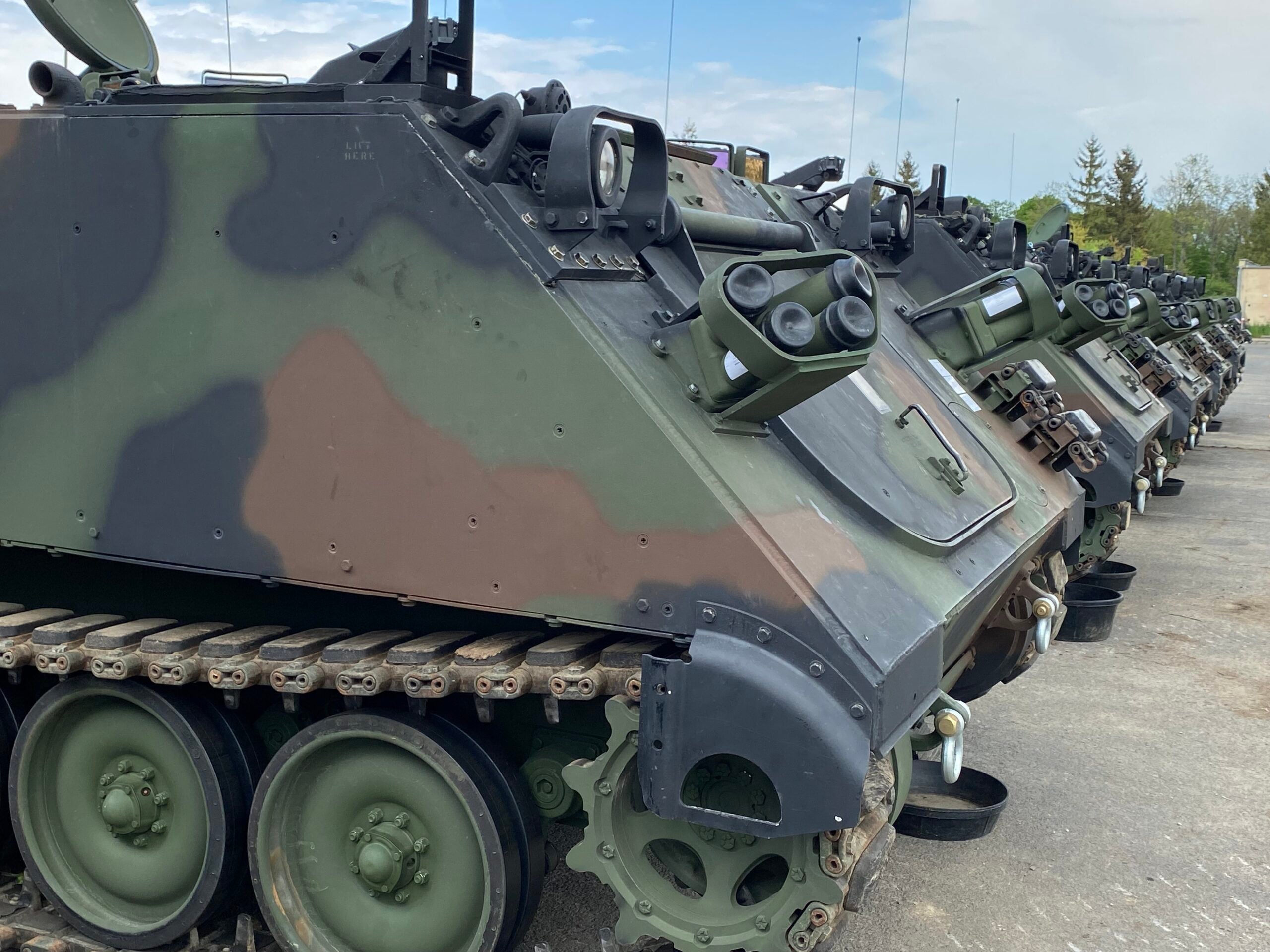 A line of M113 armored personnel carriers stand at the ready at the Equipment Configuration and Hand-off Area in Lešt’, Slovakia, May 9. The APCs, which came from the 405th Army Field Support Brigade’s Army Prepositioned Stocks-2 worksite in Eygelshoven, Netherlands, were issued to the 62nd Engineer Company deployed to Slovakia from Fort Carson, Colorado, for DEFENDER-Europe 22.