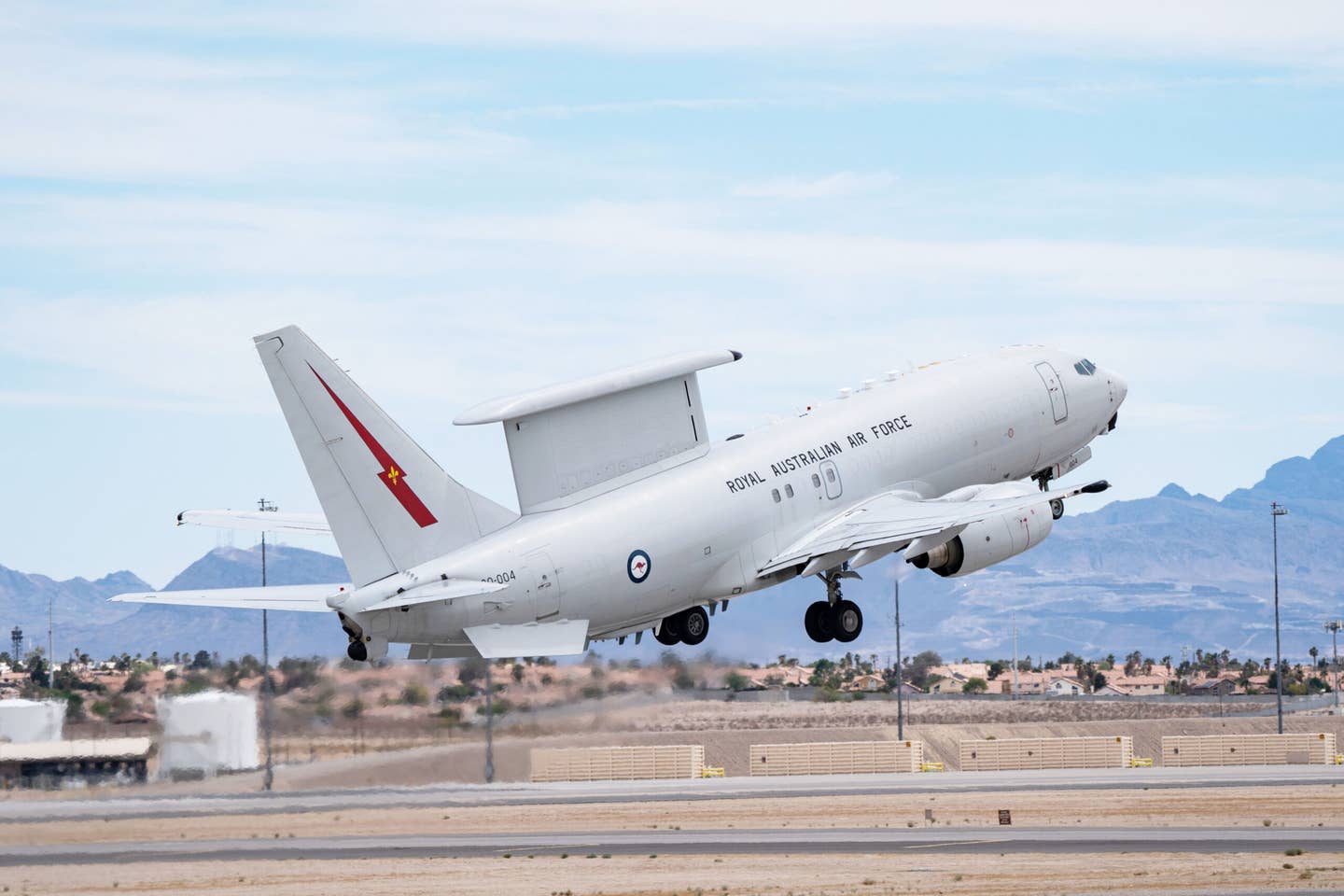 A Royal Australian Air Force E-7A Wedgetail takes off during Black Flag 22-1 at Nellis Air Force Base, Nevada. <em>U.S. Air Force photo by Airman 1st Class Josey Blades</em>