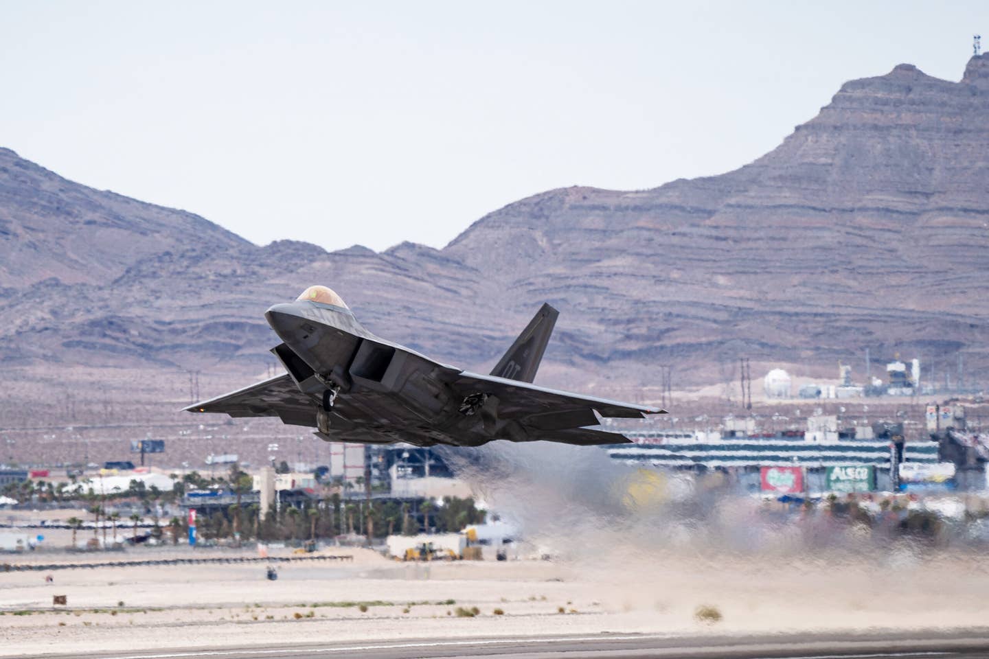 An F-22A Raptor assigned to the 422nd Test and Evaluation Squadron takes off during Black Flag 22-1 at Nellis Air Force Base, Nevada. <em>U.S. Air Force photo by Airman 1st Class Josey Blades</em>