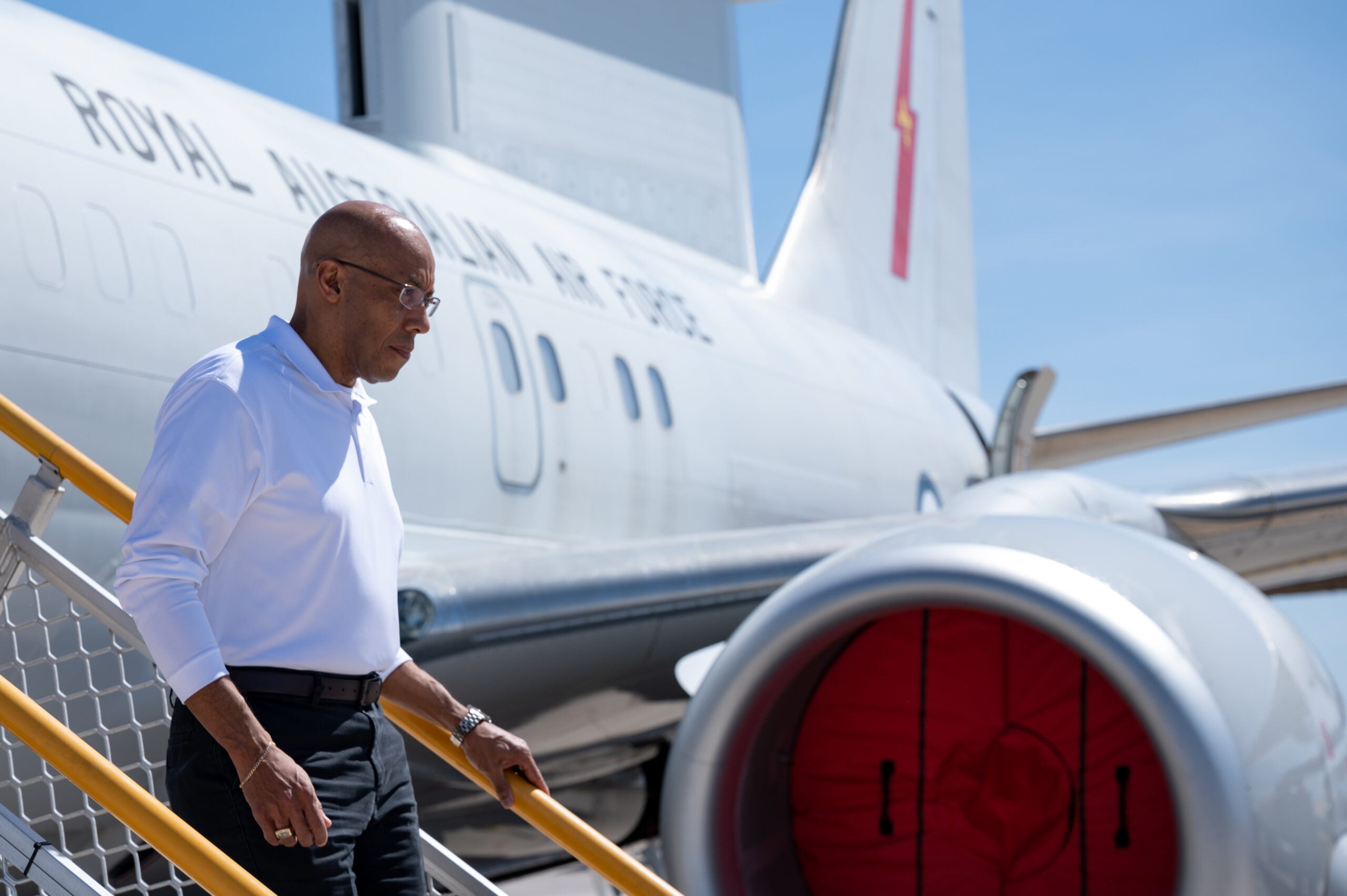 Air Force Chief of Staff Gen. Charles Q. Brown, Jr. tours the E-7A Wedgetail at Nellis Air Force Base, Nevada, May 6, 2022. The E-7A Wedgetail is equipped with a high-powered radar, used to monitor the battle space and provide friendly forces with an advantage over their opponents. (U.S. Air Force photo by Airman 1st Class Josey Blades)