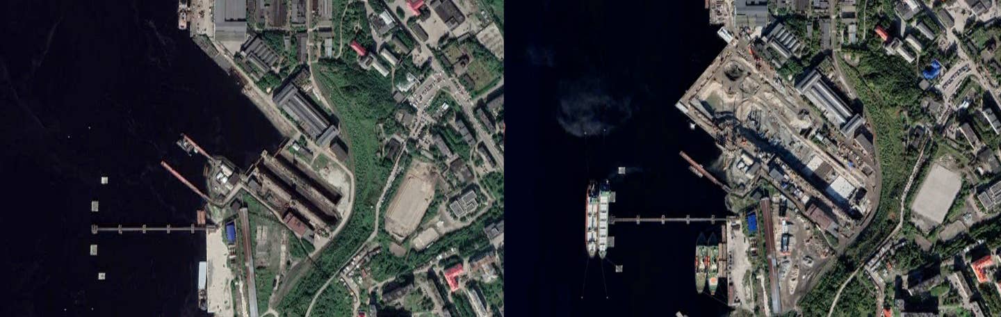 Satellite images showing construction to create the enlarged drydock at the 35th Shipyard. PHOTO © 2022 PLANET LABS INC. ALL RIGHTS RESERVED. REPRINTED BY PERMISSION