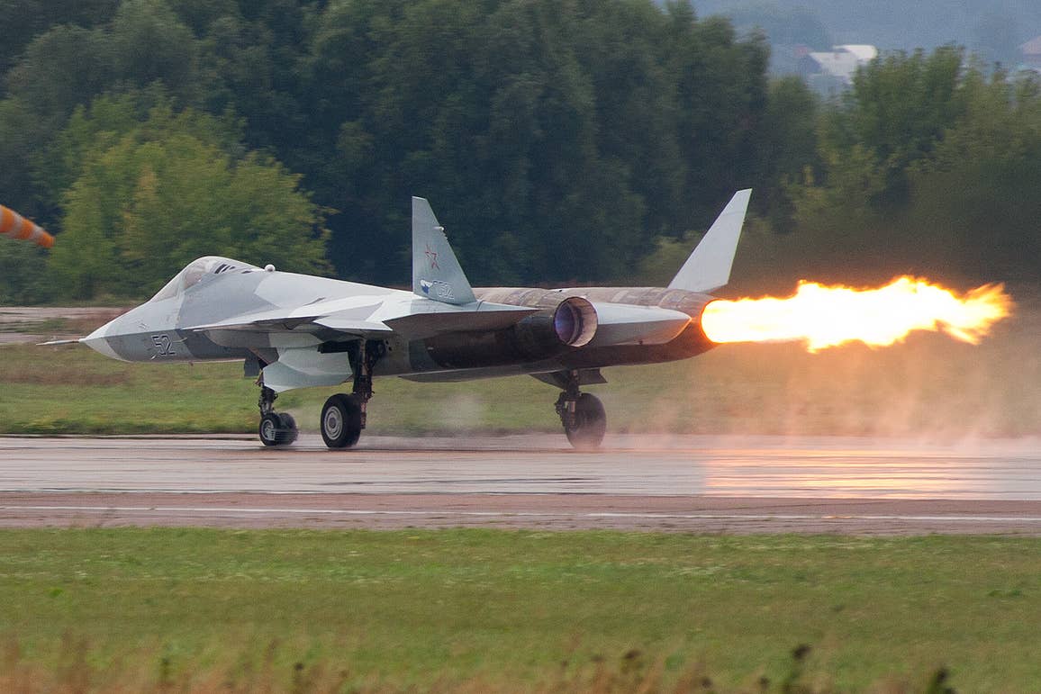 A Su-57 prototype suffers a compressor stall at the MAKS airshow in August 2011. The development of the so-called second stage engine for the Su-57 has experienced significant delays. <em>Author Rulexip/Wikimedia Commons</em>