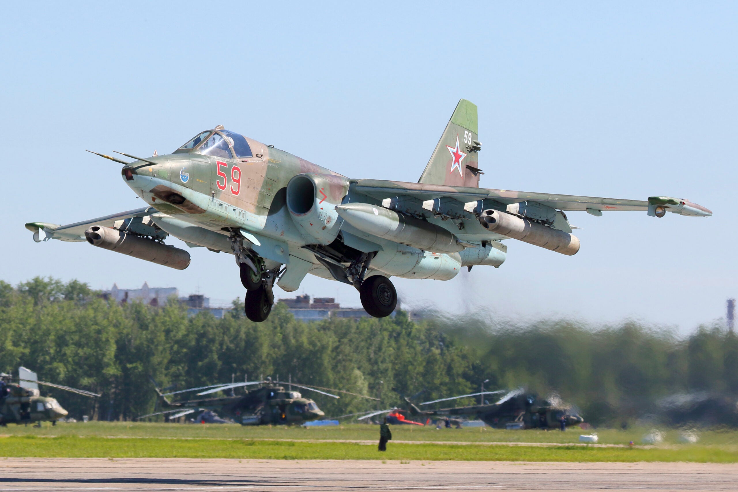 Su-25SM attack airplane of the Russian Air Force taking off during Exercise Aviadarts 2018.