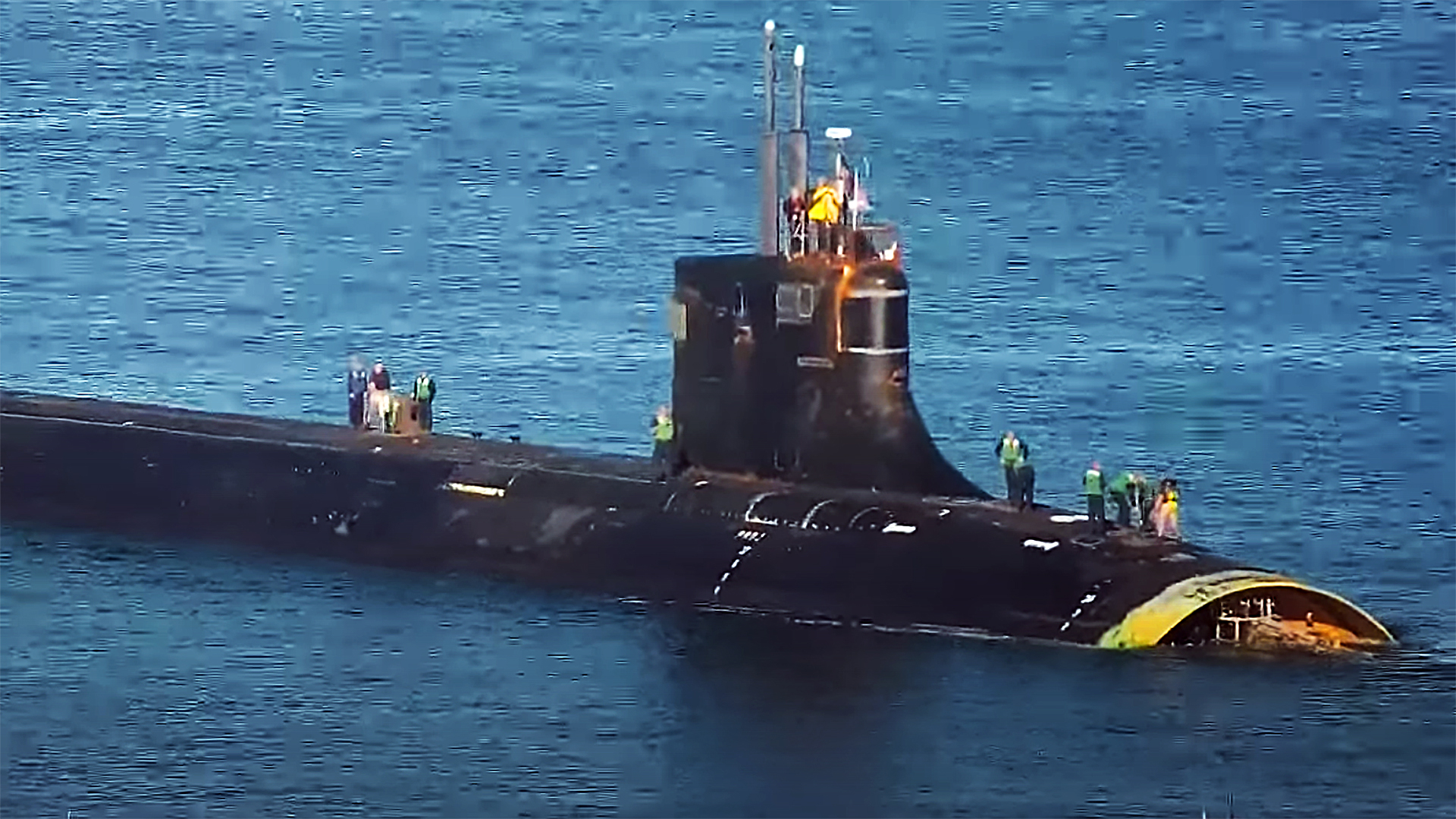 A screengrab from a video of the damaged USS Connecticut arriving in San Diego in December 2021 following the underwater collision two months earlier.