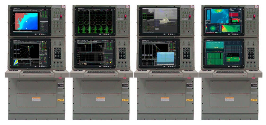 A composite graphic showing AN/BQQ-10 consoles displaying various data. <em>DOD</em>