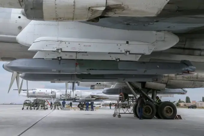 Kh-101 air-launched cruise missiles under the wing of a Tu-95MS Bear bomber. <em>via CSIS.org</em>