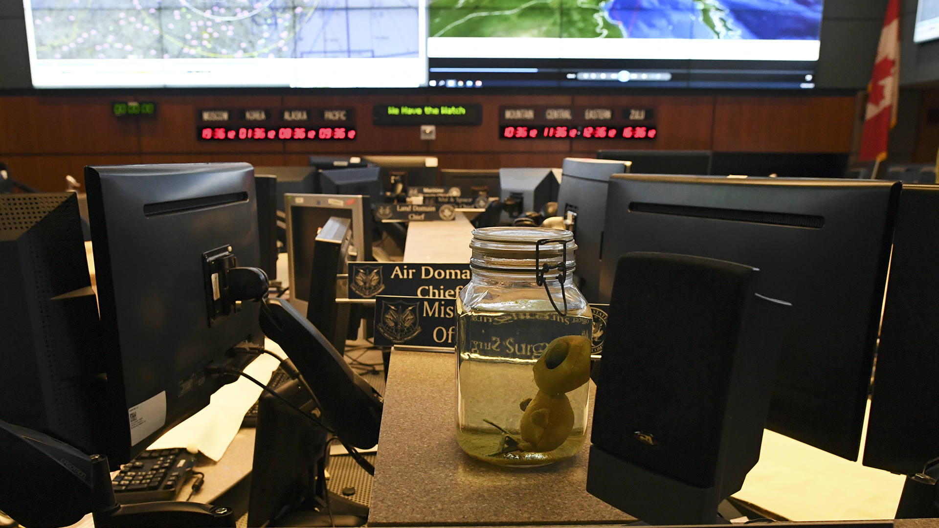 COLORADO SPRINGS, CO - MAY 10: A small group of media were allowed an inside look at the command center at Cheyenne Mountain Air Force Station on May 10, 2018 in Colorado Springs, Colorado. As a part of an on going joke the command center has stuffed alien doll in a jar placed in front of the director's desk. NORAD celebrates its 60th Anniversary at Cheyenne Mountain Air Force Station. (Photo by RJ Sangosti/The Denver Post via Getty Images)
