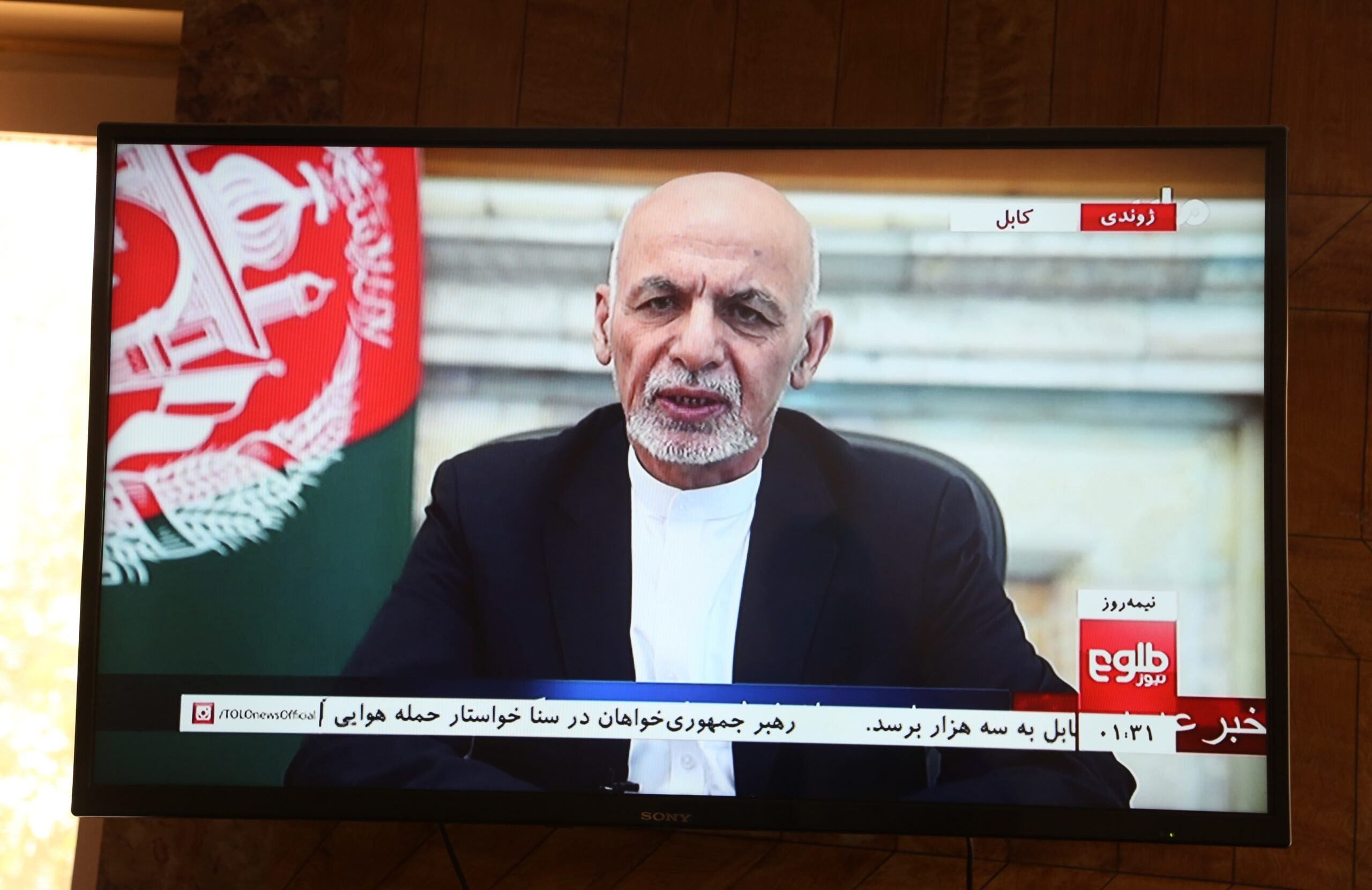 Afghan president Mohammad Ashraf Ghani speaks in a televised address in Kabul, capital of Afghanistan, Aug. 14, 2021. President Ghani on Saturday vowed to prevent instability in his war-battered country amid the intensified fighting and Taliban's advance towards major cities. (Photo by Rahmatullah Alizadah/Xinhua via Getty Images)