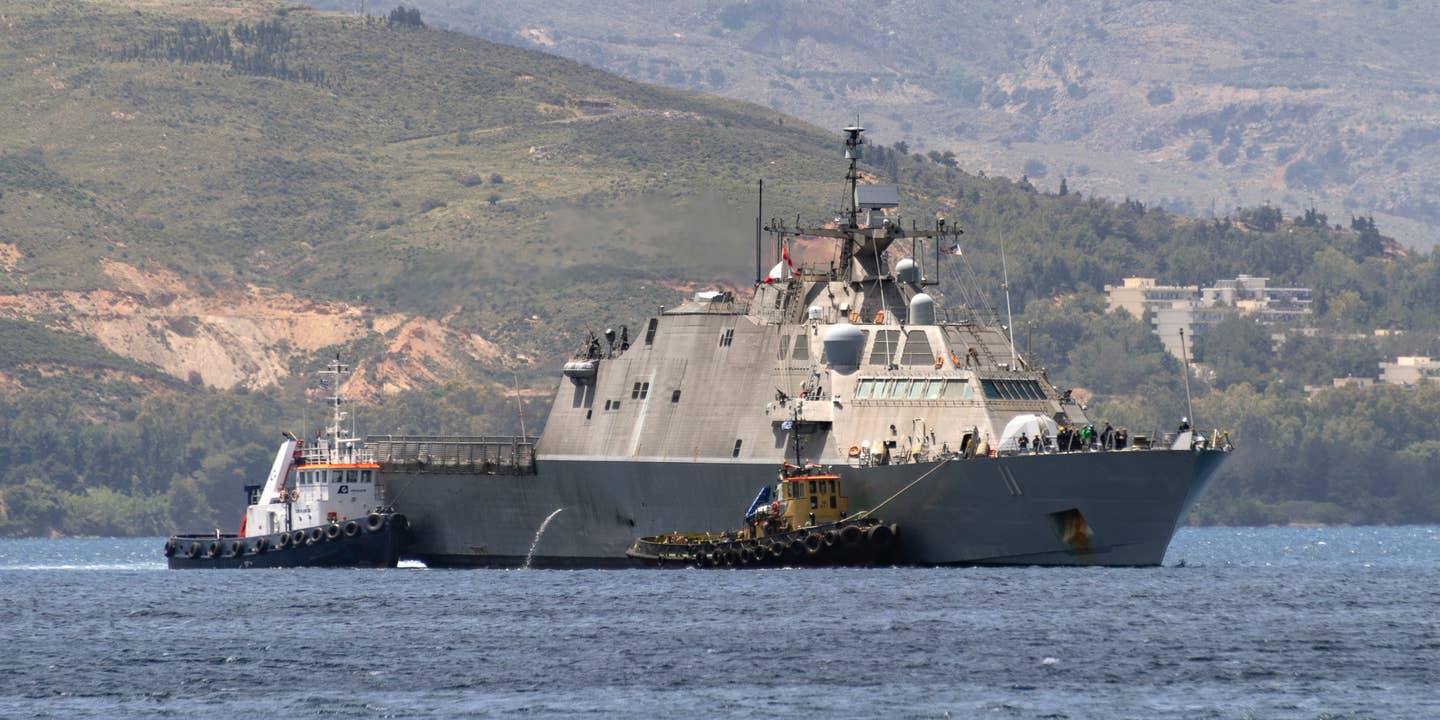 The Freedom-class littoral combat ship USS Sioux City (LCS 11), homeported at Naval Station Mayport, Jacksonville, Fla., arrives at the Marathi NATO Pier Complex in Souda Bay, Greece, to undergo scheduled preventative maintenance in May 2022..