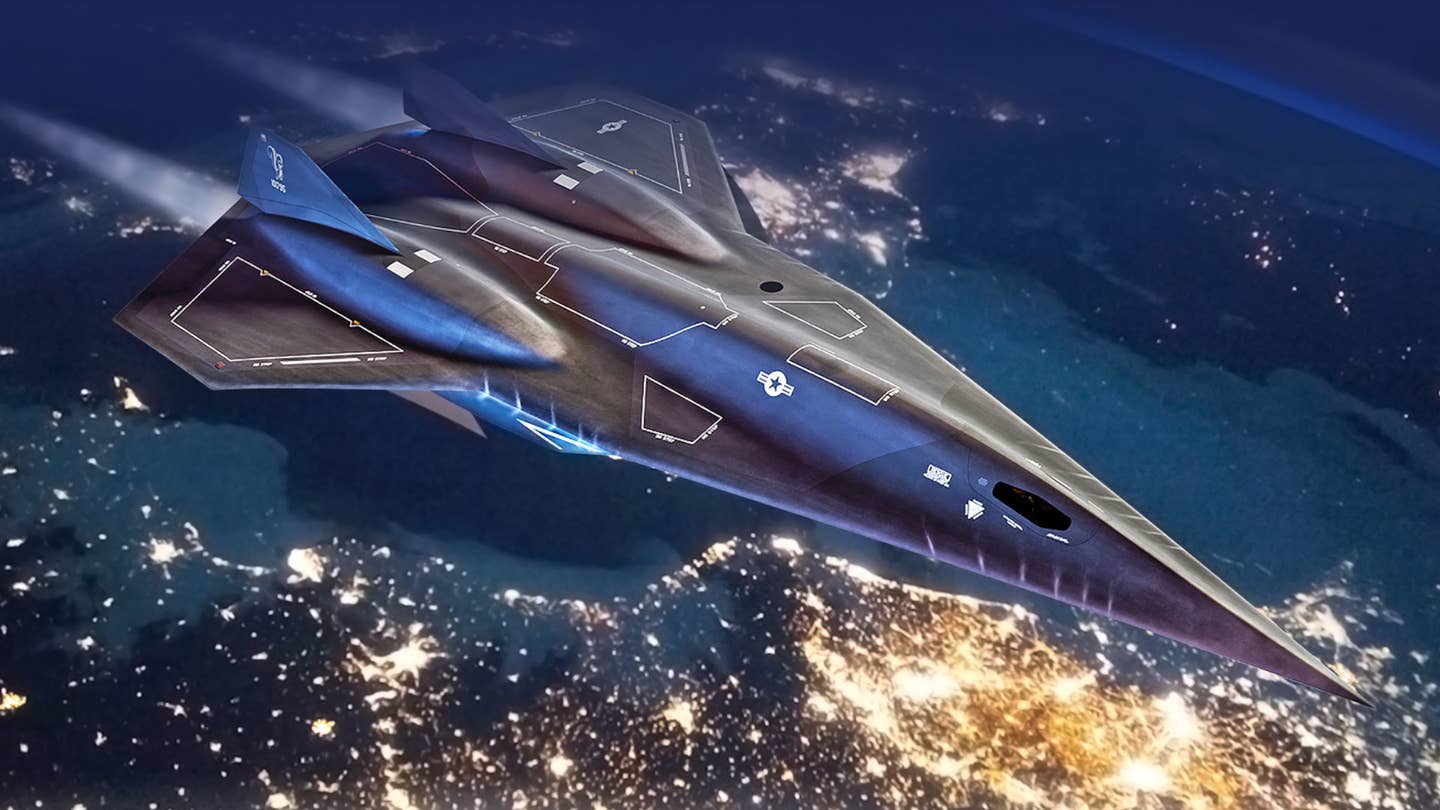 Artwork depicting the Darkstar stealthy hypersonic aircraft, a fictious design that Lockheed Martin's Skunk Works created for the movie Top Gun: Maverick.