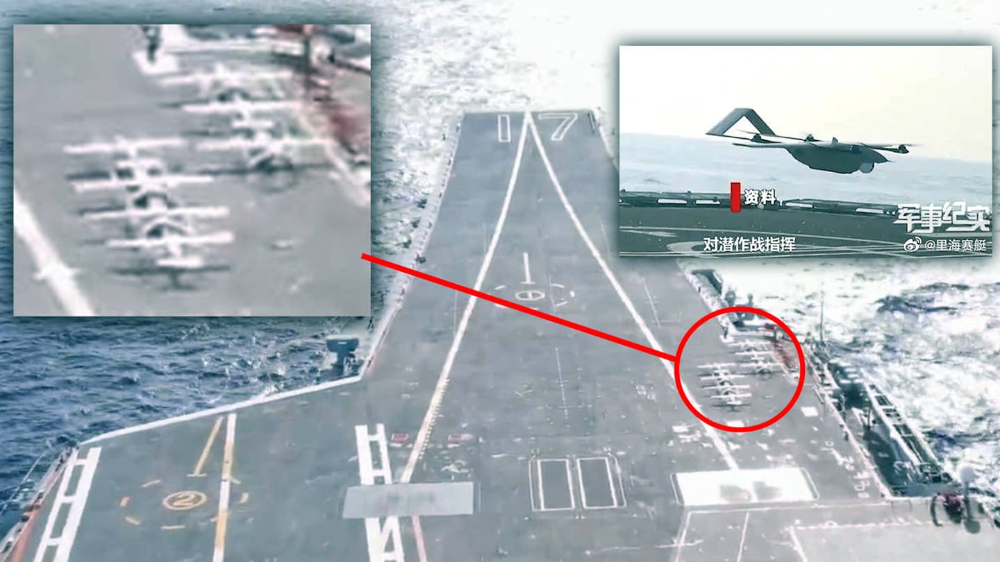 Pictures reportedly showing an array of drones on the deck of the Chinese aircraft carrier Shandong.