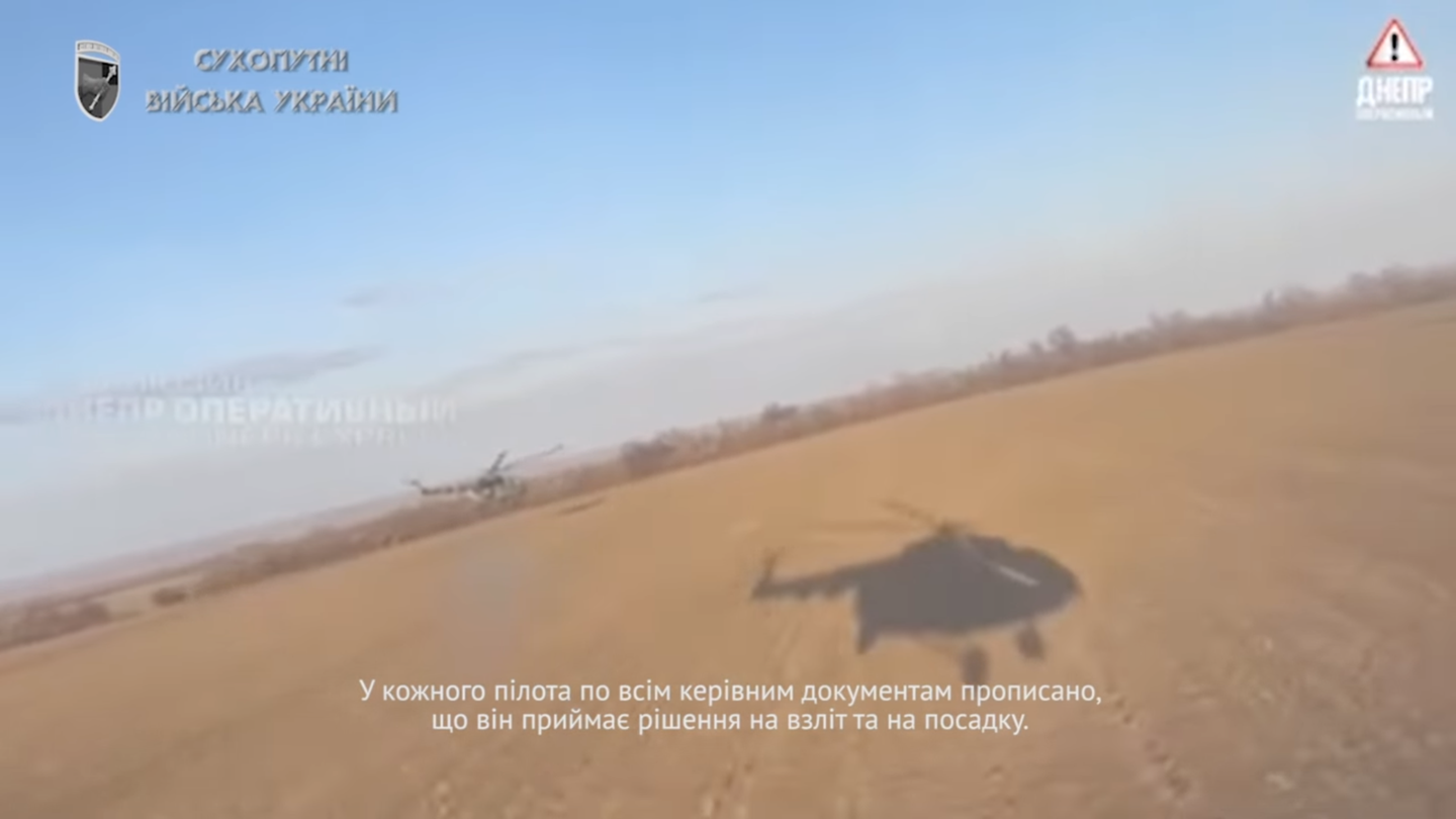 Two Mi-8/17s fly low over Ukraine on their way to the Azovstal Steel Plant. <em>Ukrainian Army</em>