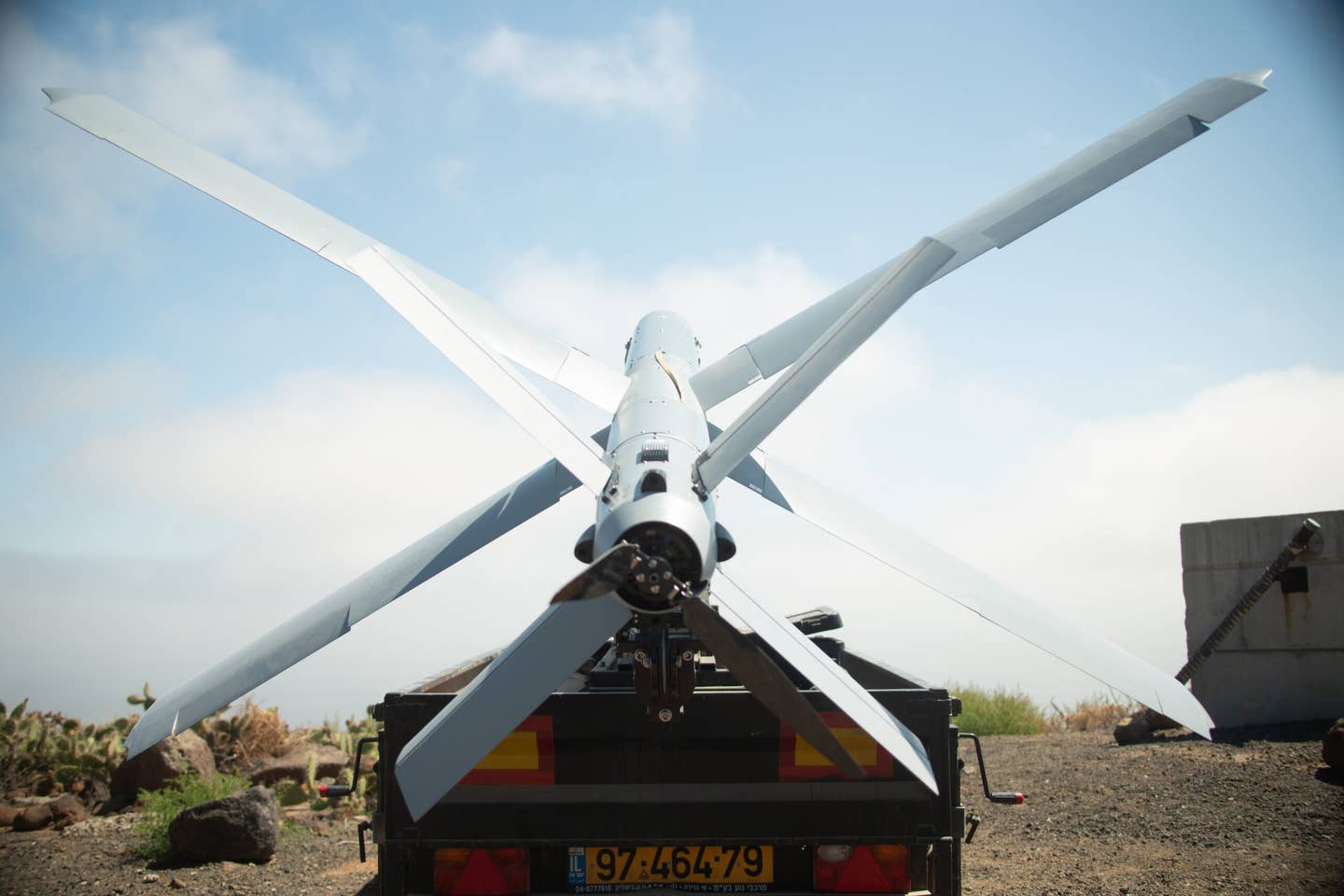 An aft view of a Hero-400 loitering munition staged on a land-based catapult on San Clemente Island, California. <em>USMC photo by Lance Cpl. Daniel Childs</em>