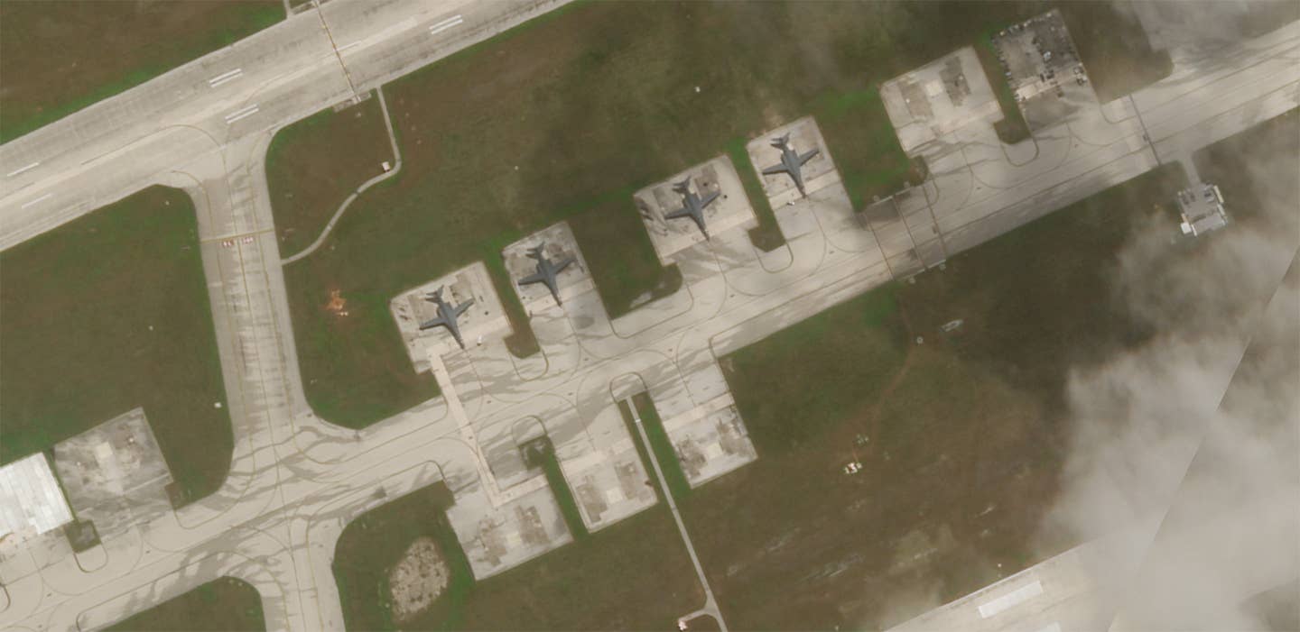 The four B-1Bs at Andersen Air Force Base as photographed on June 4, 2022.&nbsp;<em>PHOTO © 2022 PLANET LABS INC. ALL RIGHTS RESERVED. REPRINTED BY PERMISSION</em>