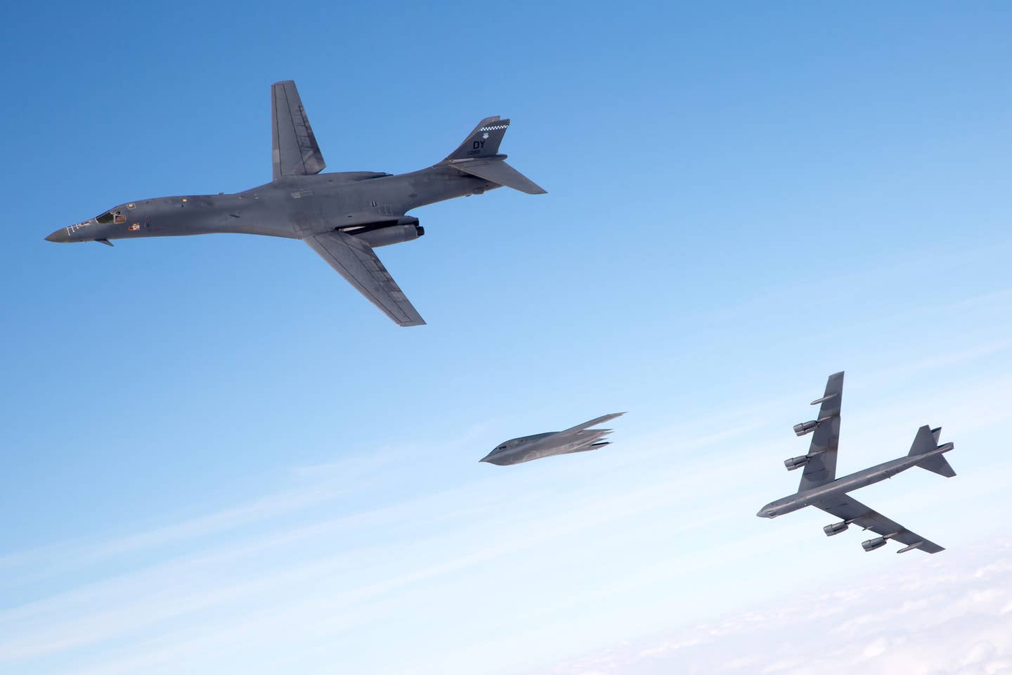 The swing-wing B-1 still has a major place in the U.S. bomber force although it lacks nuclear weapons delivery capability. It is slated to be replaced by the dual-role B-21 in the coming decade. <em>U.S. Air Force photo courtesy Sagar Pathak</em>