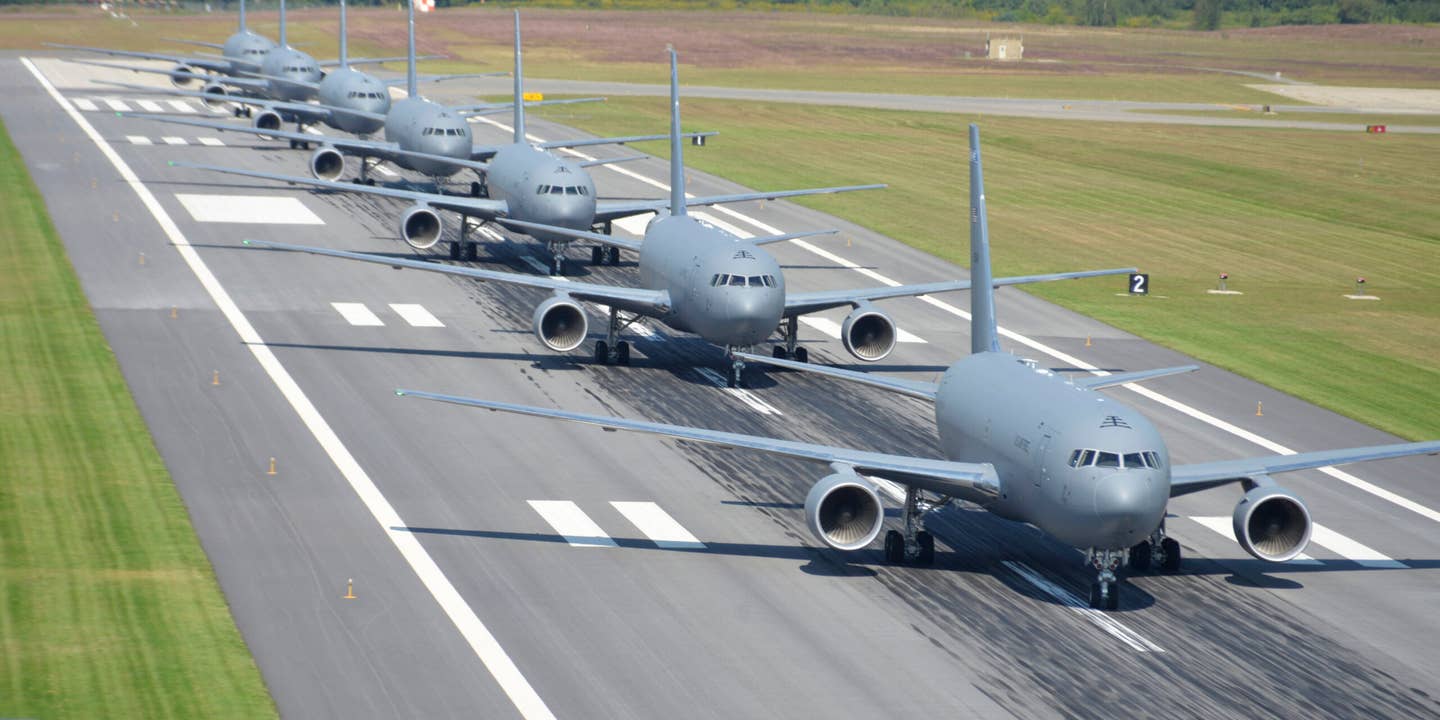 KC-46A aircraft assigned to the 157th Air Refueling Wing perform an elephant walk formation on the runway at Pease Air National Guard Base, Sept. 8, 2021.