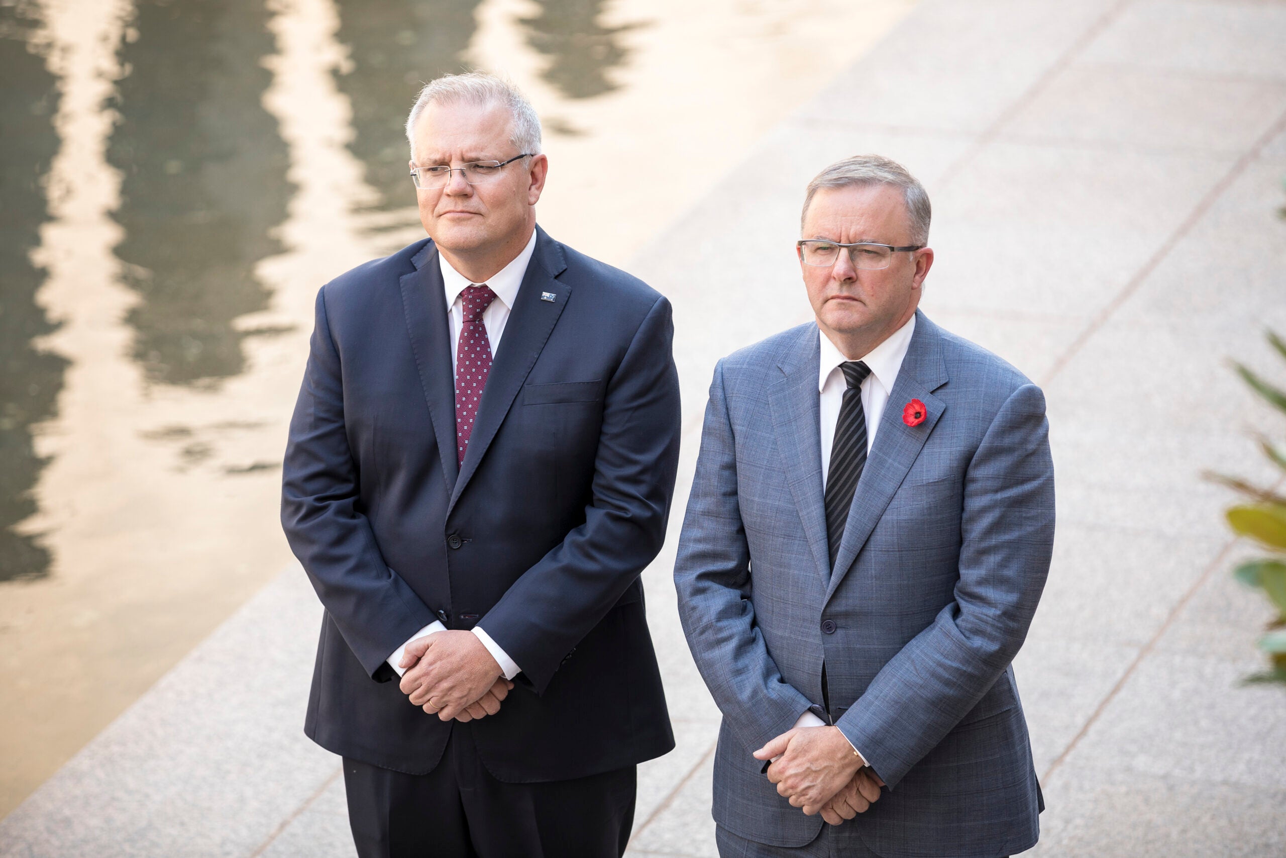 (l-r) Prime Minister of Australia Scott Morrison and Leader of the Opposition the Honourable Anthony Albanese at the Last Post Ceremony was held at the Australian War Memorial to mark the opening of the 2020 Parliament in Canberra.  *** Local Caption *** The Last Post Ceremony was held at the Australian War Memorial to mark the opening of the 2020 Parliament on 3 February, 2020 in Canberra. 

Each Last Post Ceremony commemorates the personal story of one of the more than 102,500 Australians whose names are recorded on the Memorials Roll of Honour, in recognition of the service and sacrifice of all Australians who have died in war and on operations.

This ceremony commemorated the service and sacrifice of Sister Alma May Beard, 13th Australian General Hospital, Royal Australian Army Nursing Service, who was among a group of nurses executed by the Japanese on Banka Island in 1942. She was 28 years old.