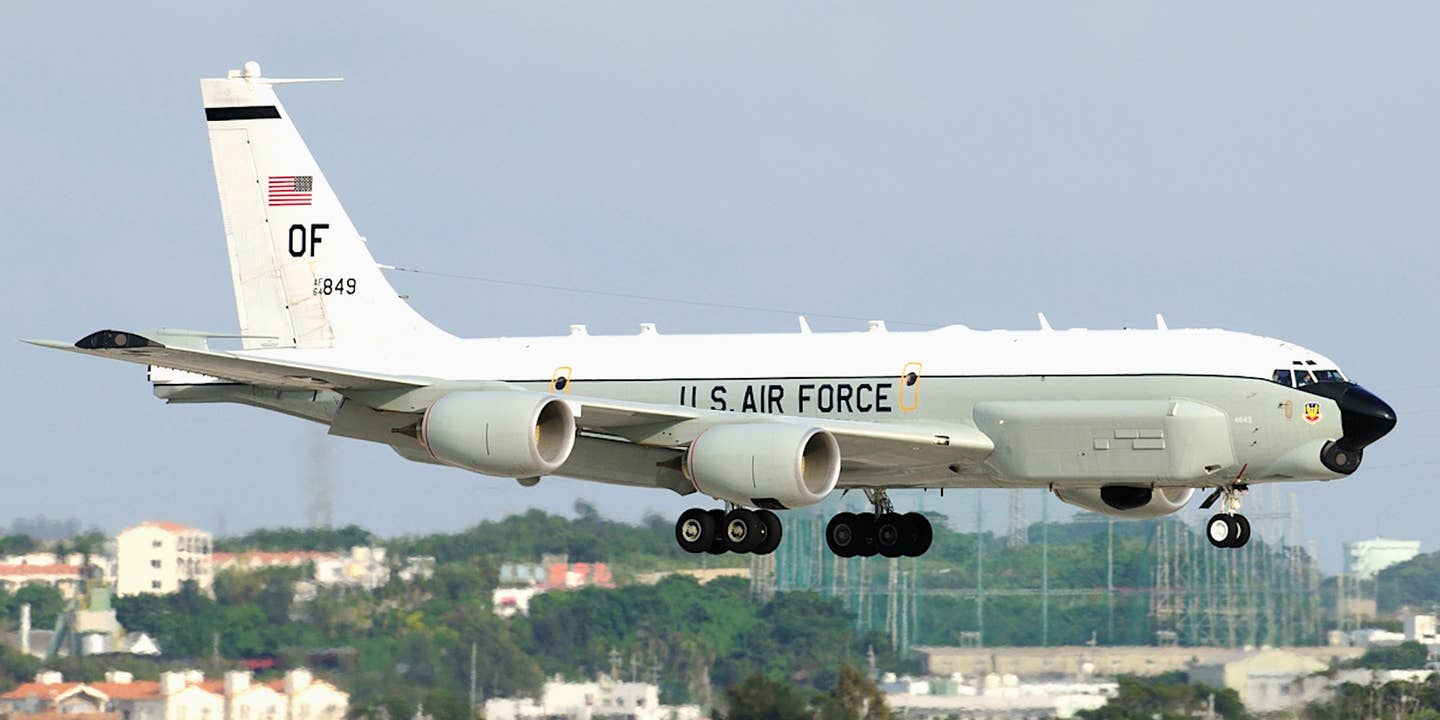 A US Air Force RC-135U Combat Sent electronic intelligence aircraft photographed at Kadena Air Base on the Japanese Island of Okinawa in 2009.