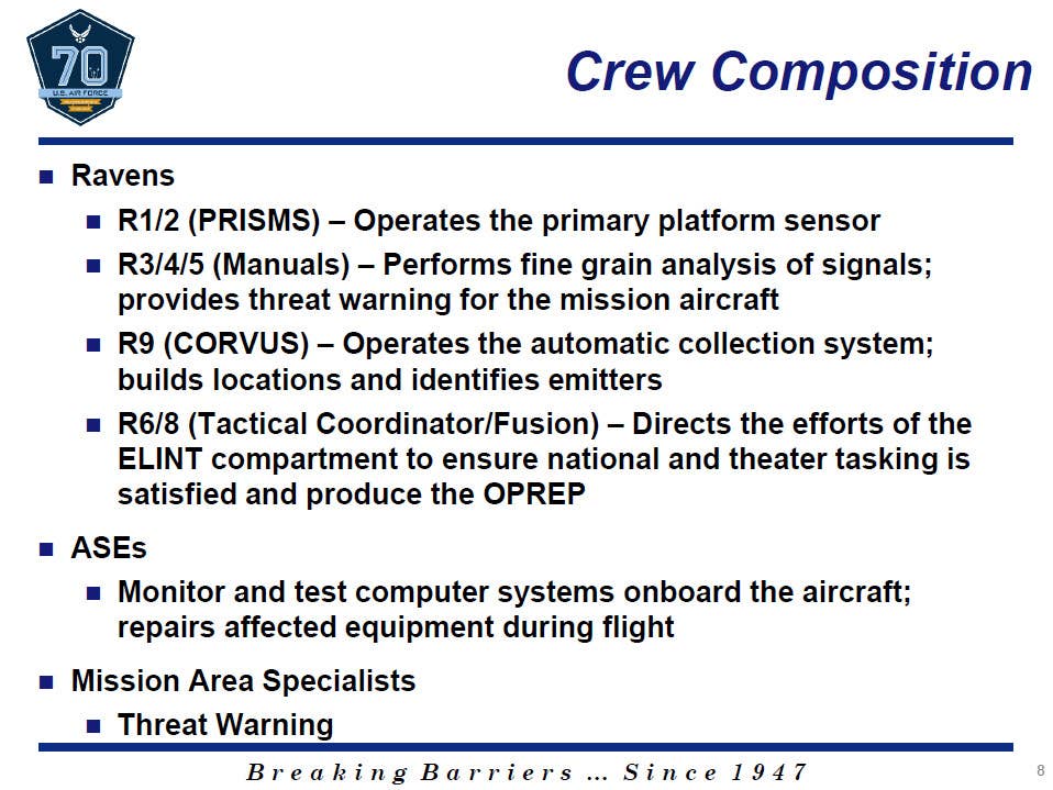 A description of the general roles of the different members of an RC-135U's crew from the 2017 briefing. <em>USAF</em>
