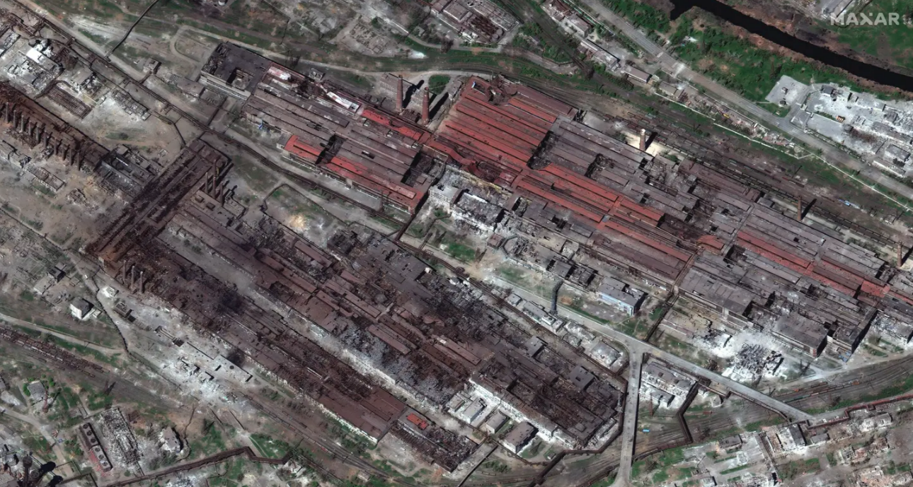 The massively bombarded Avostal Steel plant as seen in Maxar satellite imagery on April 30th, 2022.