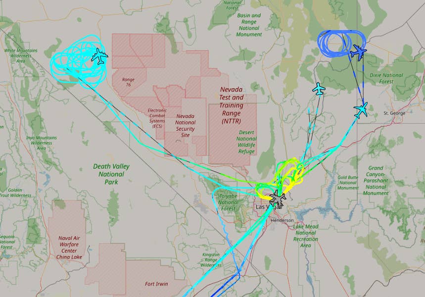 Online flight tracking data showing two of the four KC-135Rs that had been flying out over the eastern Pacific on the night of June 6-7 subsequently on station to the west and the east of the NTTR. The B-1B bomber and the KC-46A tanker that were tracked off of Baja are also visible here to east of the NTTR, but the data is incomplete and we cannot tell exactly where they were flying at the time.