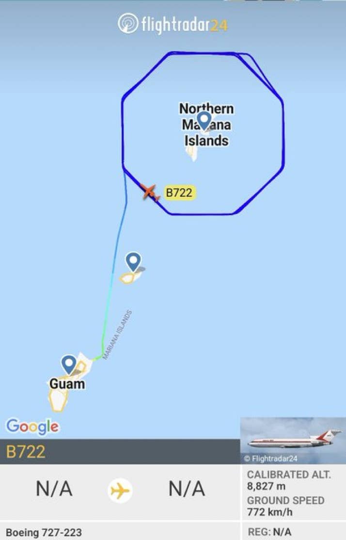 Online flight tracking data showing the route taken by Raytheon's "Voodoo 1" test jet around Saipan and Tinian. <em>Flightradar24</em>