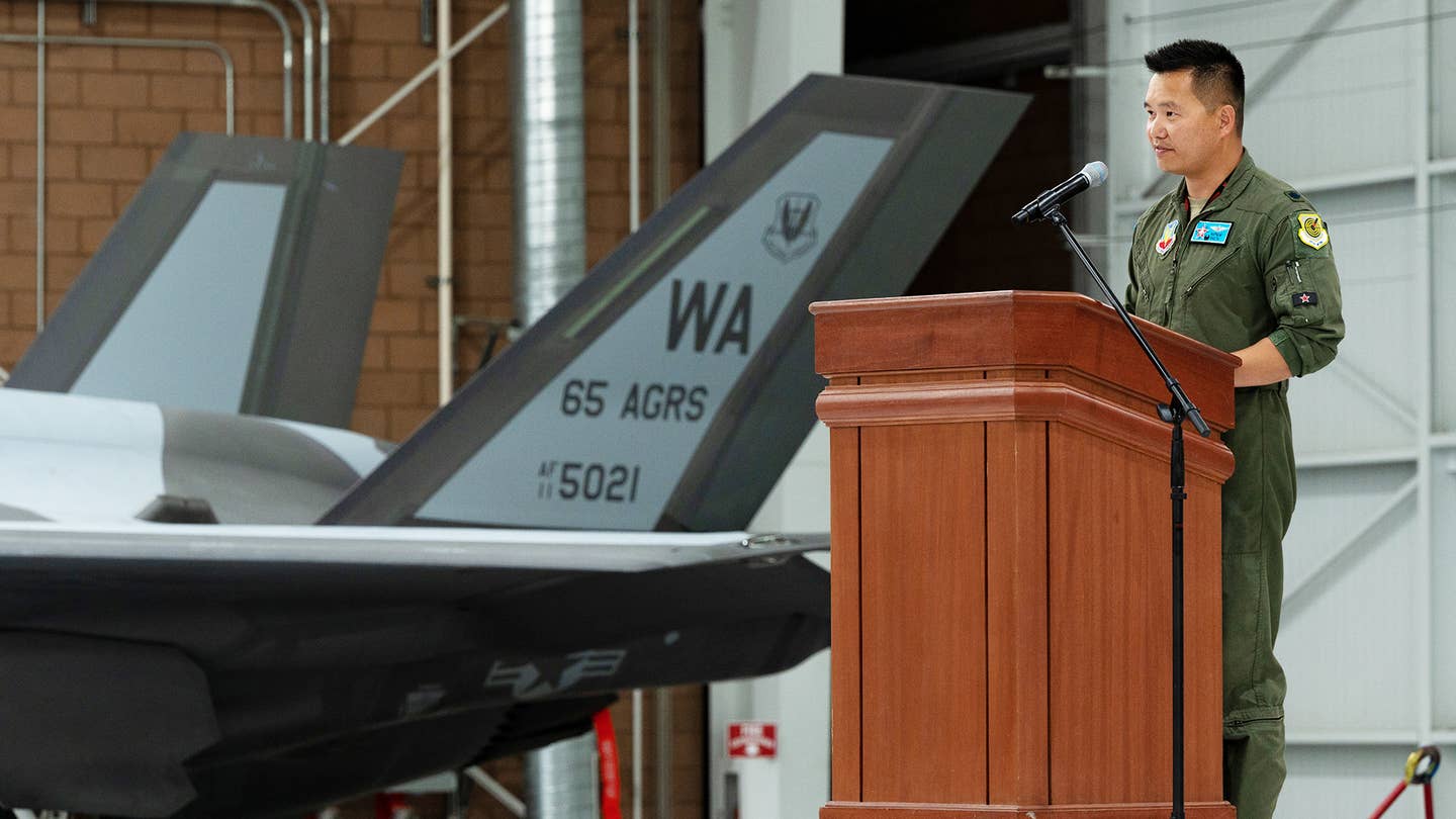 Lt. Col. Brandon Nauta, 65 AGRS commander, during the unit's activation ceremony at Nellis Air Force Base. (U.S. Air Force photo by Airman 1st Class Josey Blades)<br><a href="https://www.nellis.af.mil/News/Article-Display/Article/3058572/65th-aggressor-squadron-reactivates-at-nellis-with-aggressor-force-of-f-35s/fbclid/65th-aggressor-squadron-reactivates-at-nellis-with-aggressor-force-of-f-35s/undefined"></a><br>