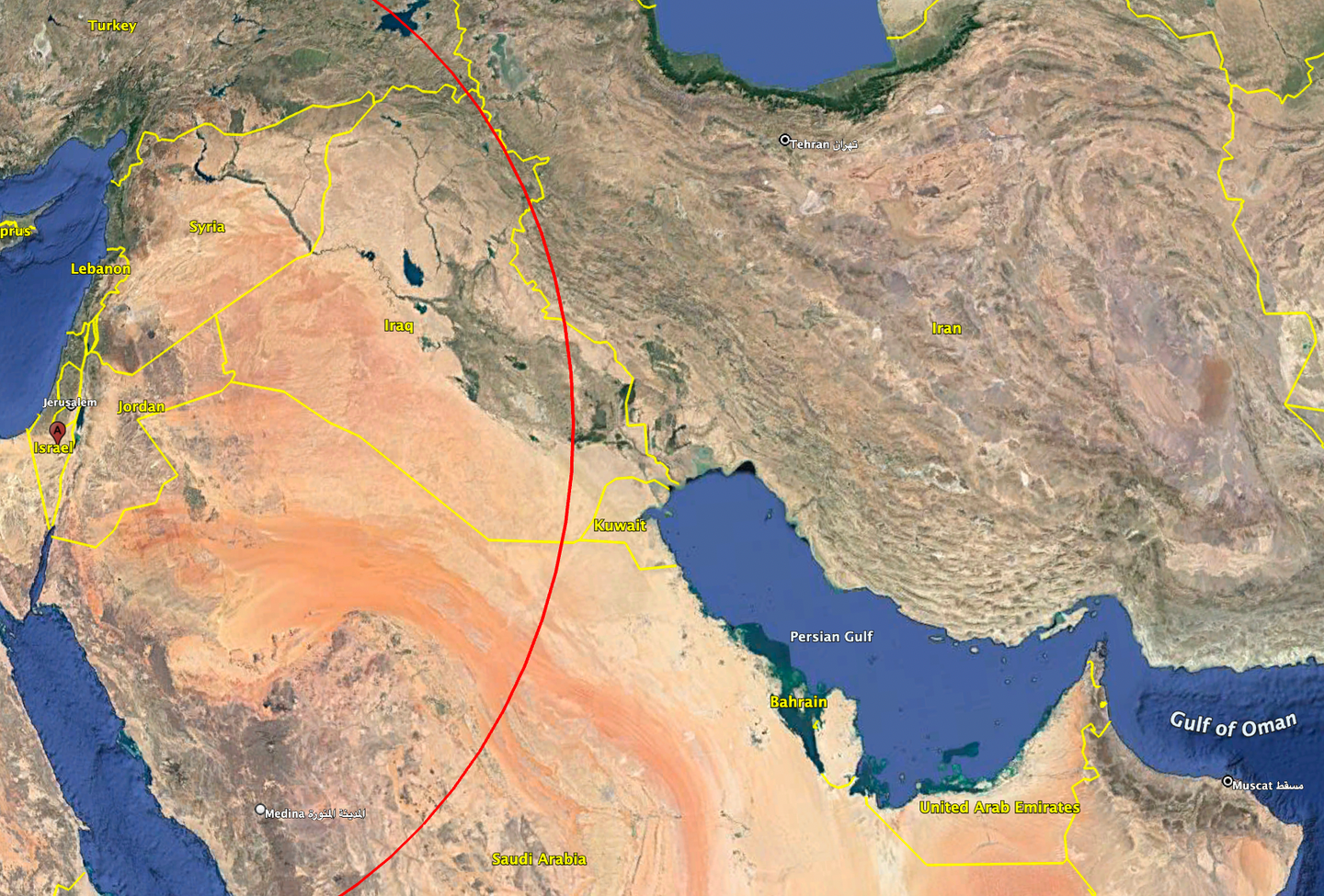 The 650-nautical-mile unrefueled radius of action widely attributed to the F-35A would not allow long-range strikes against Iranian targets. <em>Google Earth</em>