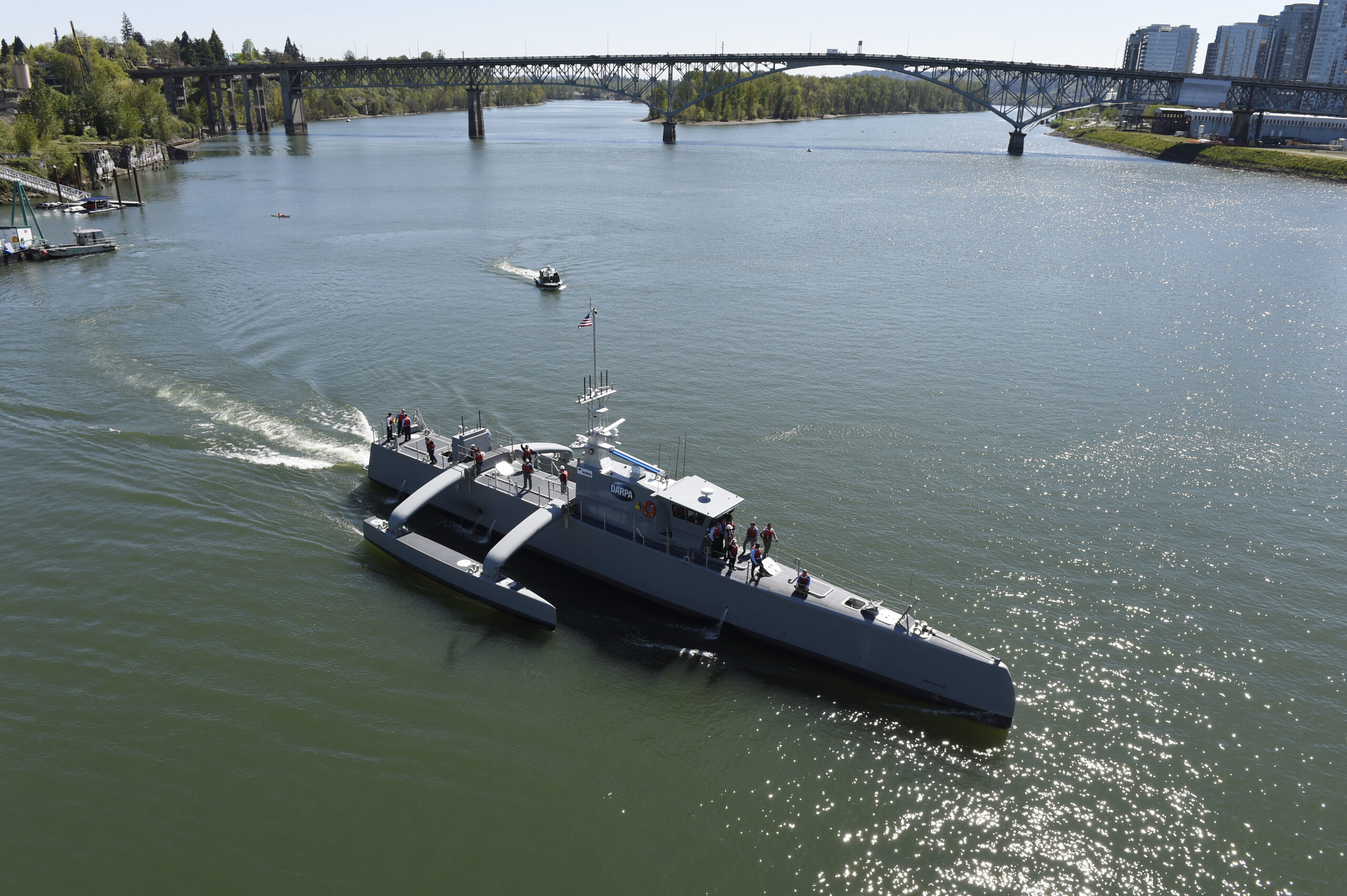 <em>Sea Hunter </em>gets underway on the Willamette River following a christening ceremony in Portland, Ore. <em>U.S. Navy </em>