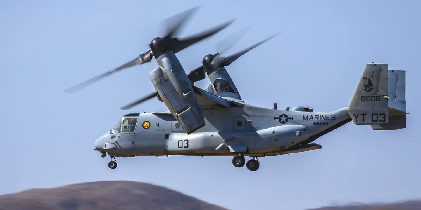 An MV-22B Osprey takes off from Marine Corps Air Station Camp Pendleton, California, Oct. 10, 2019.
