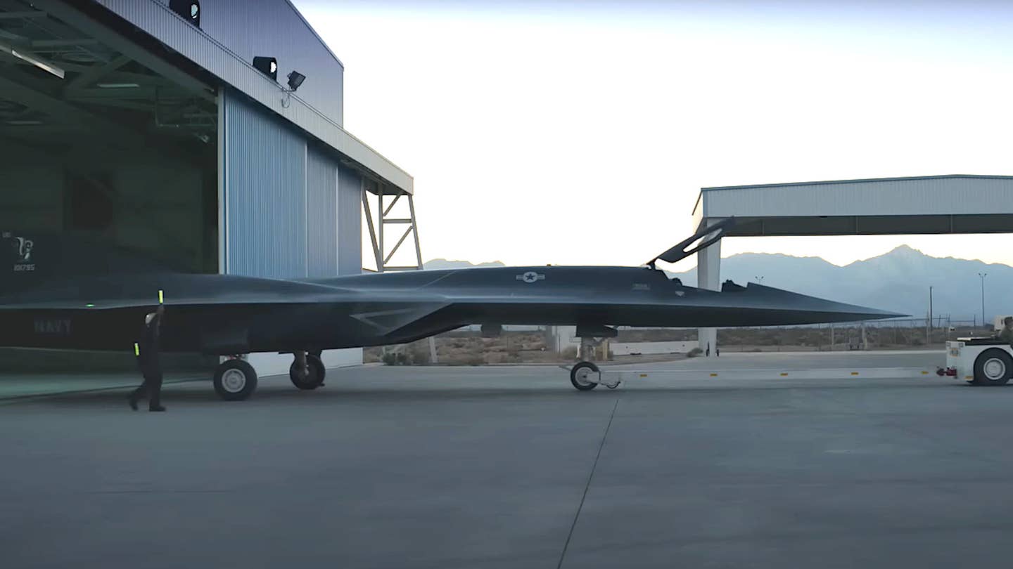 The Darkstar mockup is seen in a recently released video being wheeled out of a hangar. Lockheed Martin capture