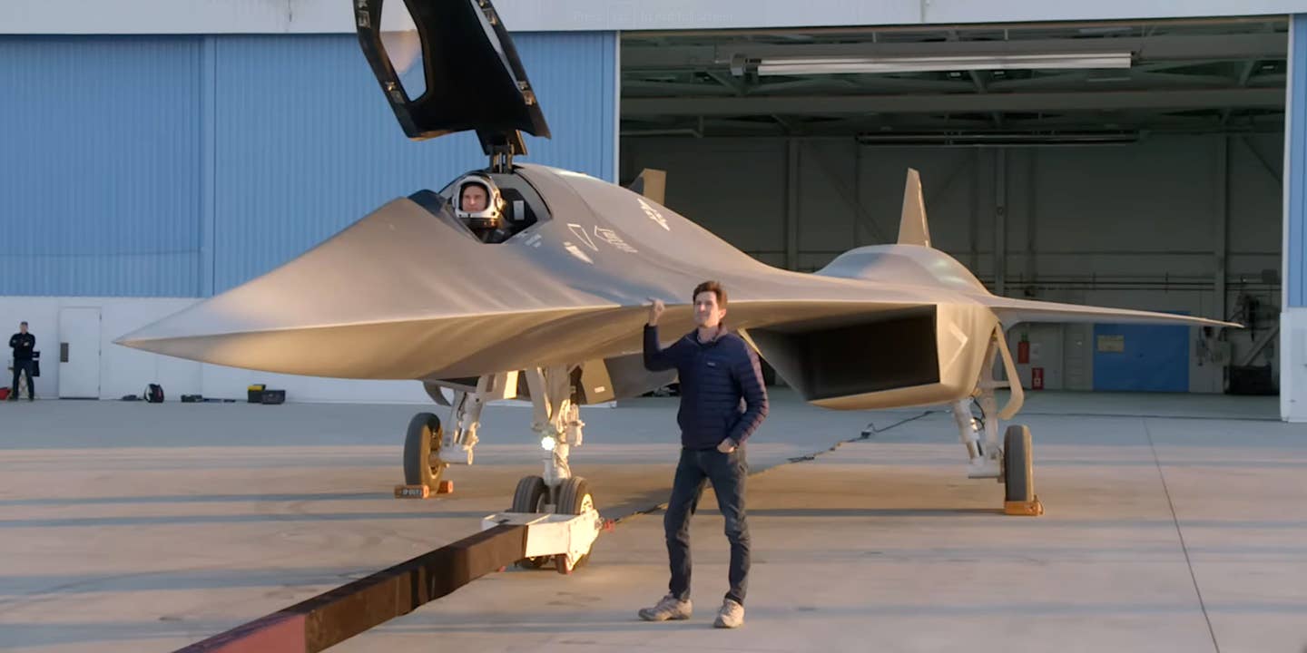 A full-size mockup of the fictional Darkstar hypersonic aircraft that Lockheed Martin's Skunk Works helped create for the 2022 movie Top Gun: Maverick.