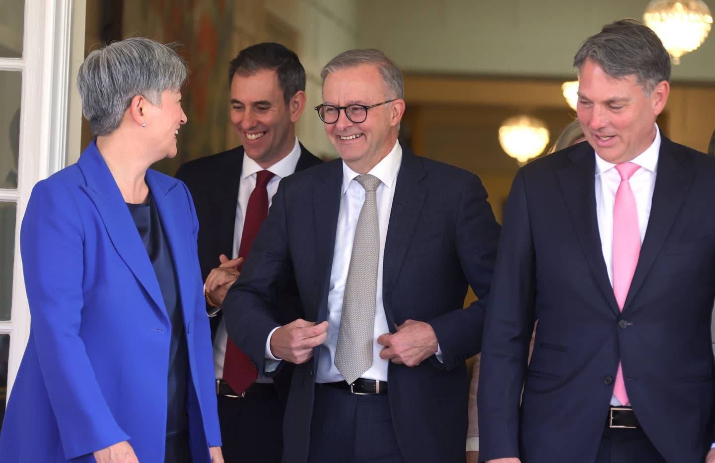Foreign Minister Penny Wong, Treasurer Jim Chalmers, Prime Minister Anthony Albanese, and Deputy Prime Minister Richard Marles after being sworn in on May 23, in Canberra, Australia. <em>Photo by David Gray/Getty Images</em>