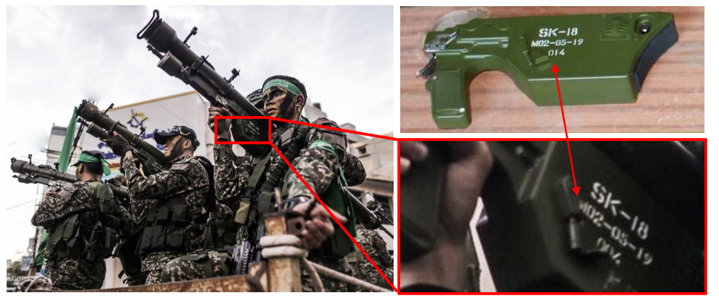 Images 1–3: QW-18 pattern gripstock displayed by Hamas in Gaza and found on the Jihan. Notes: Markings on gripstocks displayed by Hamas (left and bottom right) and found on the Jihan (top right). The gripstocks have the same manufacture date (‘2005’) and lot number (‘02’). Sources:&nbsp;<a href="https://defense-arab.com/vb/threads/119301/" target="_blank" rel="noreferrer noopener">Defense-arab.com</a>&nbsp;(2017) (left and bottom right); confidential (top right). (Small Arms Survey graphic)