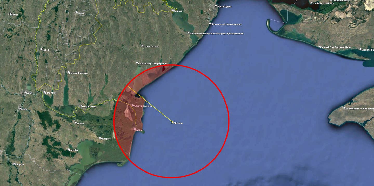The areas of mainland Ukraine highlighted inside the circle in the map shown here are areas where M142 HIMARS firing M30/M31 rockets could engage targets on Snake Island. <em>Google Earth</em>