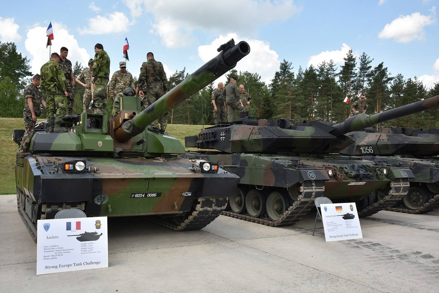 A French Army Leclerc and a Germany Army Leopard 2A6 during an inspection ahead of the Strong Europe Tank Challenge, held at the U.S. 7th Army Training Command’s Grafenwoehr Training Area, Germany, in 2018. <em>U.S. Army</em><a href="https://api.army.mil/e2/c/images/2018/06/06/519908/original.jpg" target="_blank" rel="noreferrer noopener"></a>