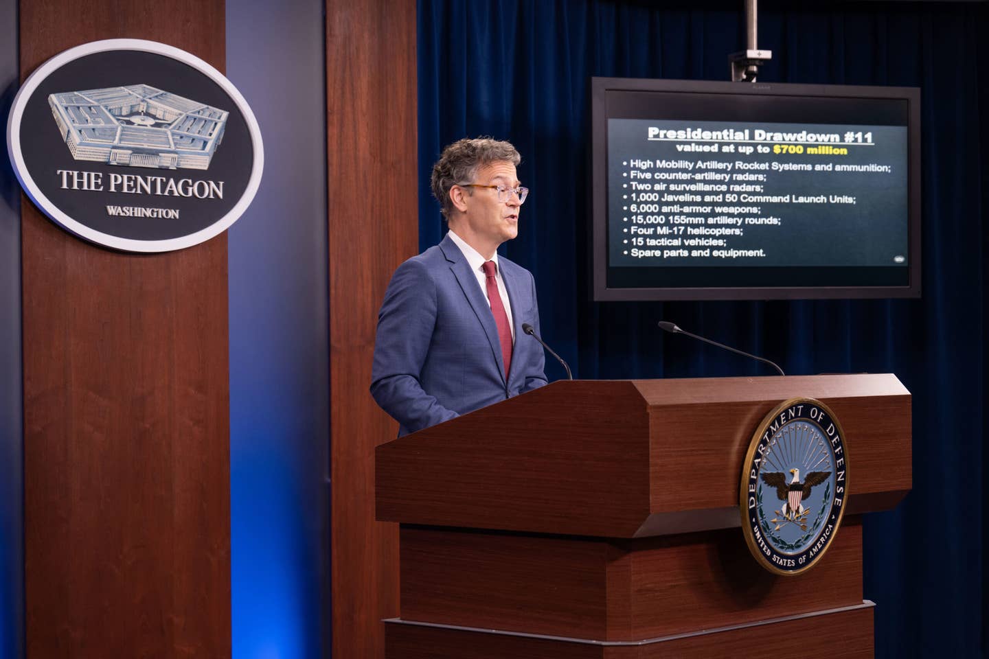 Under Secretary of Defense for Policy Colin Kahl announces the 11th drawdown of U.S. weapon stocks for Ukraine at the Pentagon on June 1. <em>DoD photo by U.S. Marine Corps Sgt. Taryn Sammet</em>