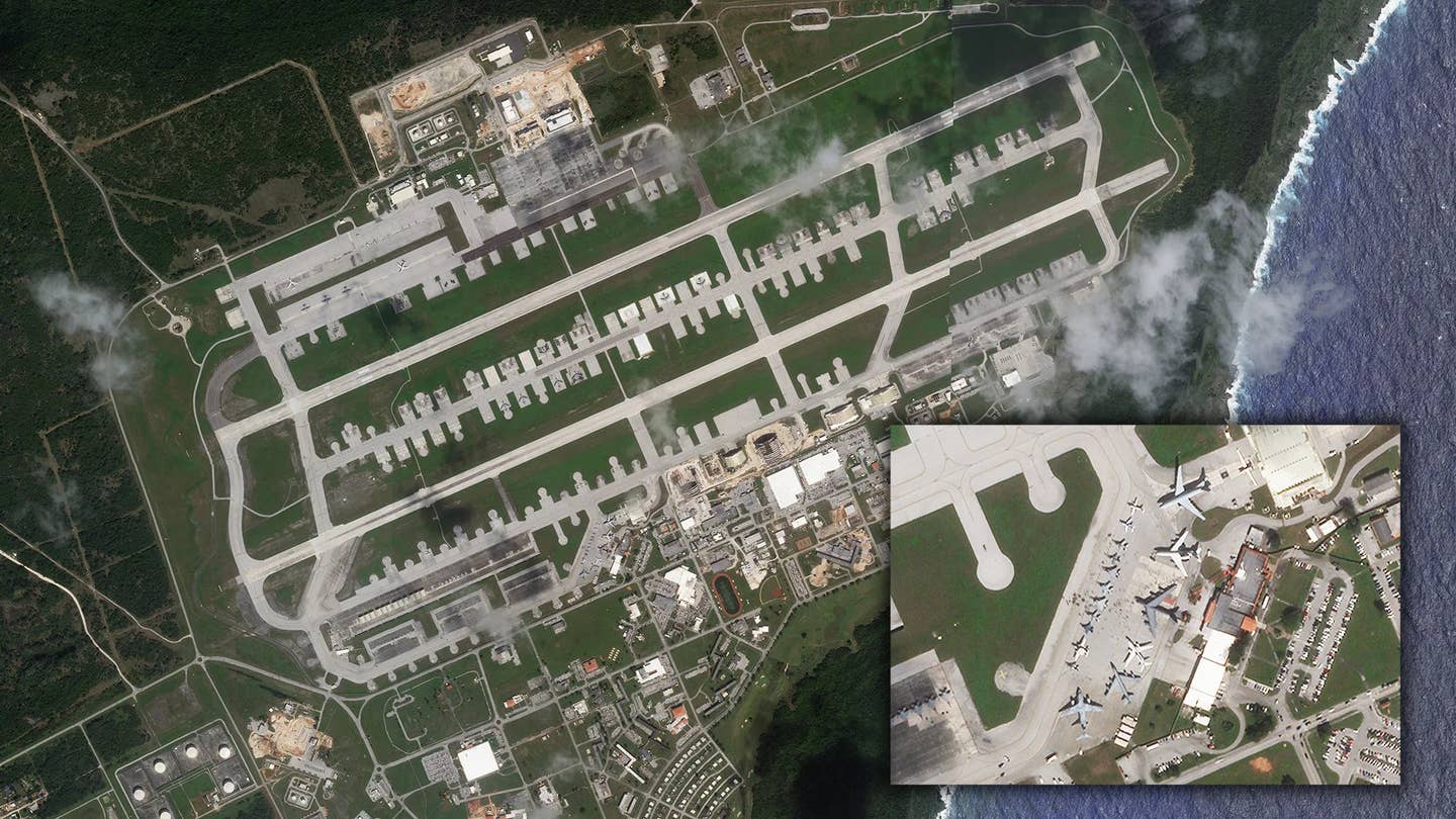 A satellite image of Andersen Air Force on Guam taken while Exercise Cope North 2020 was underway. The inset shows a variety of U.S. and foreign military aircraft arrayed for a promotional photo. PHOTO © 2020 PLANET LABS INC. ALL RIGHTS RESERVED. REPRINTED BY PERMISSION