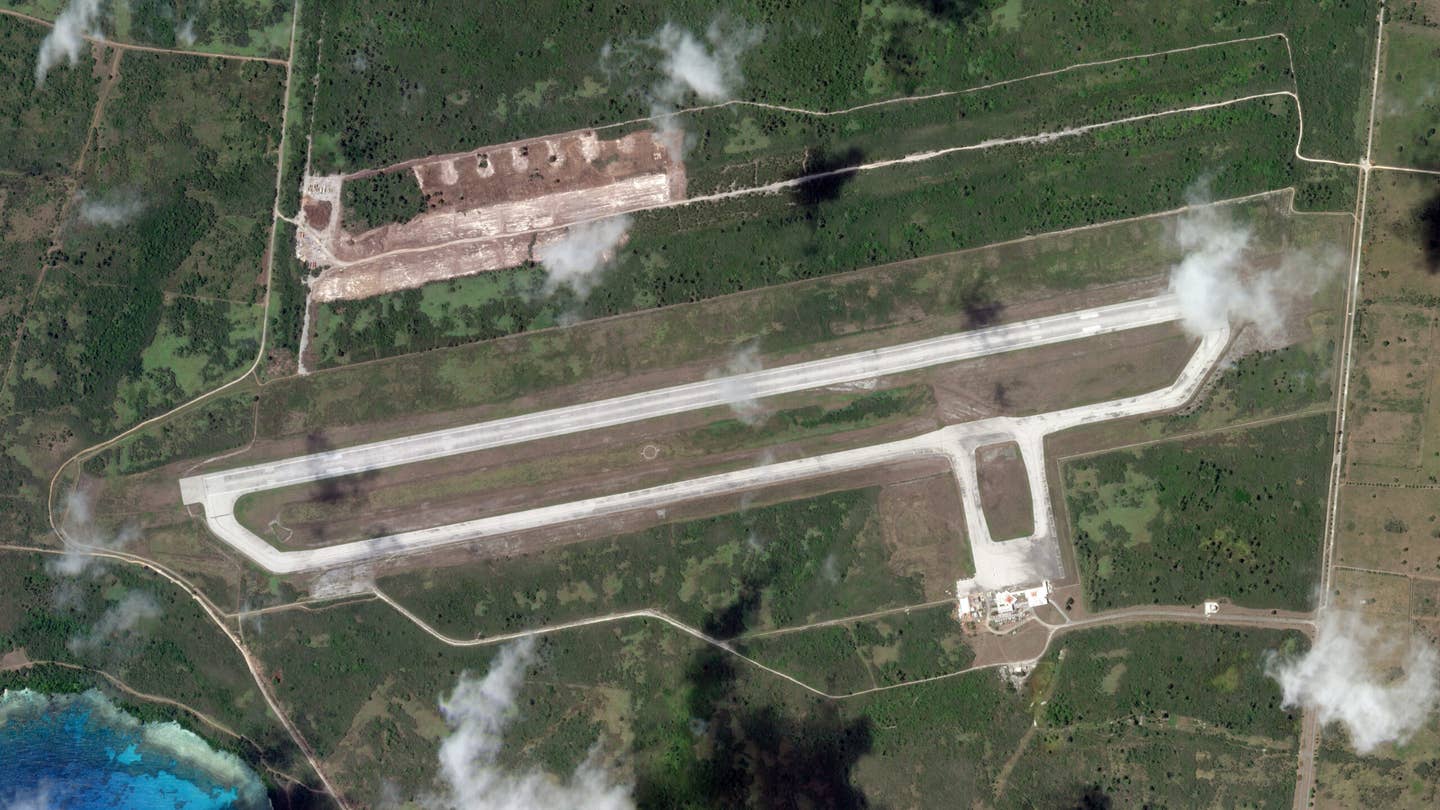A satellite image showing Tinian International Airport on June 6, 2022. Construction work is clearly visible at the northwestern end of the airport. PHOTO © 2022 PLANET LABS INC. ALL RIGHTS RESERVED. REPRINTED BY PERMISSION