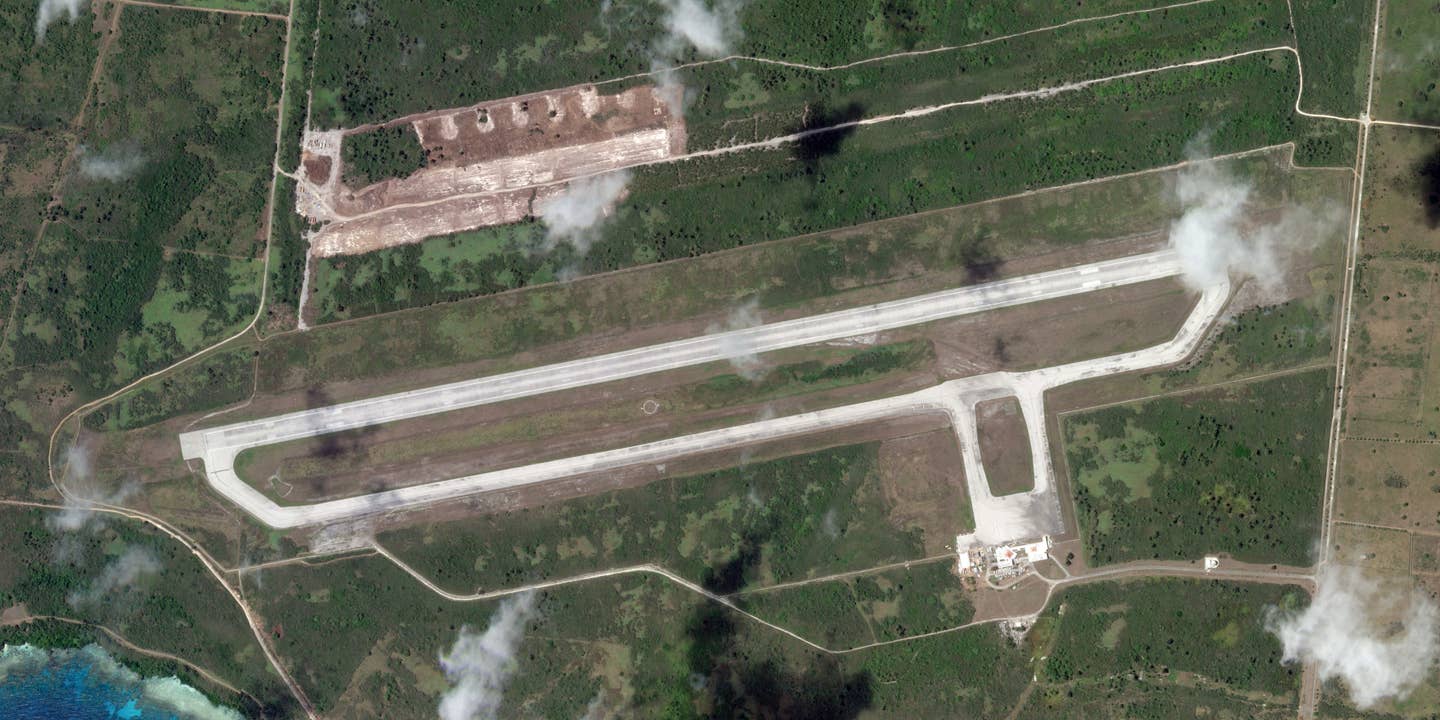 A satellite image showing Tinian International Airport on the island of Tinian on June 6, 2022, with construction work visible on the northern side of the facility.