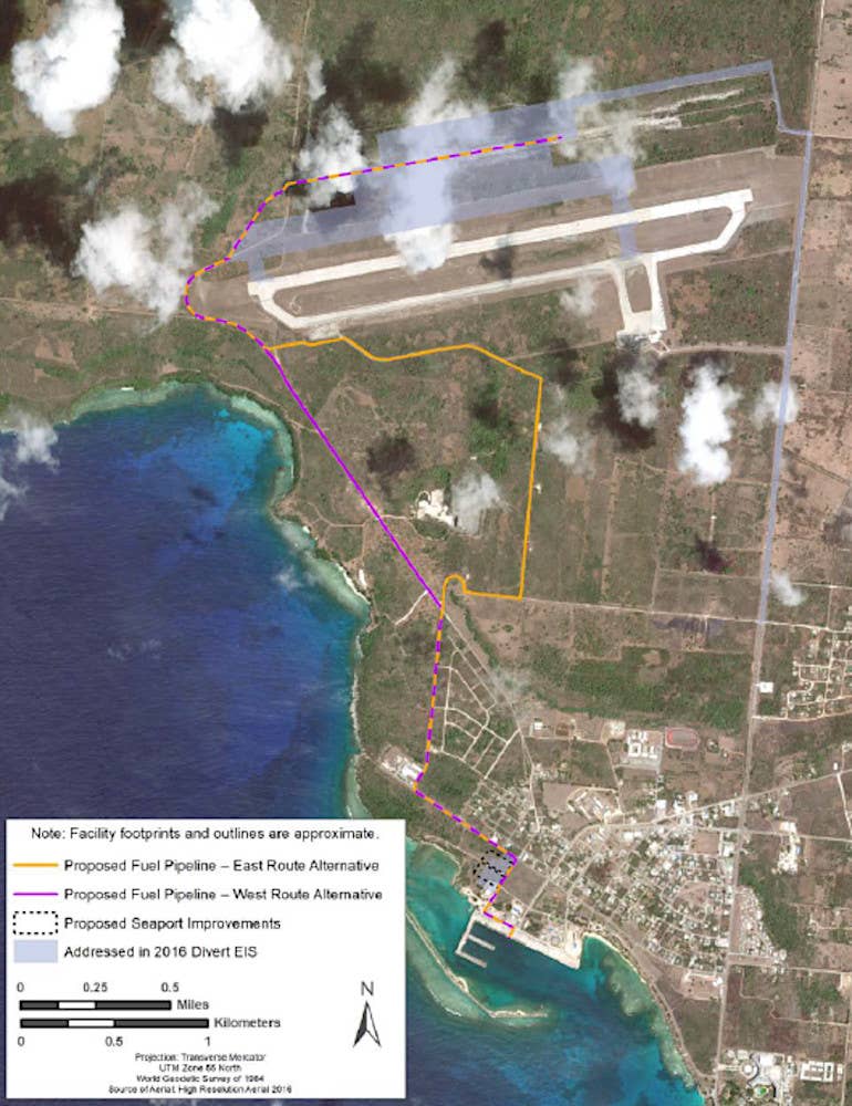 An annotated satellite image showing the full scope of planned construction as part of the Tinian Divert Airfield project. <em>USAF</em>