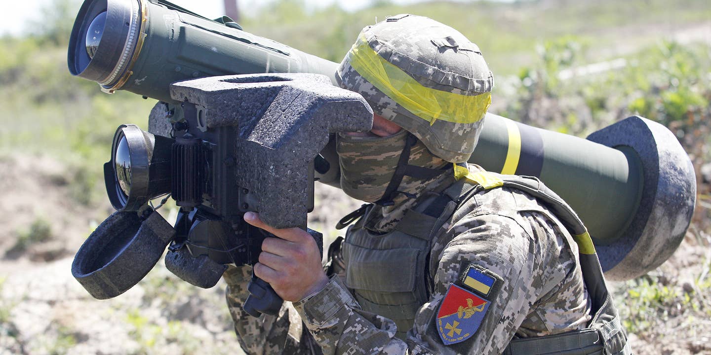 RIVNE, UKRAINE - MAY 26: Ukrainian serviceman with an ATGM Javelin is seen during military exercises at a training ground not far from the Rivne city , Ukraine, May 26, 2021.