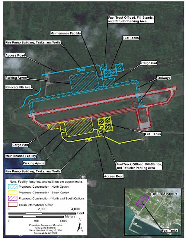 An annotated satellite image of proposed divert airfield related construction on Tinian from a draft environmental impact assessment that predates the decisions to select Tinian over Saipan to host these facilities and to with the "North Option" rather than "South Option." The scope of the North Option shown here differs from the planned construction areas as depicted in the final environmental impact assessment that was published in 2020.