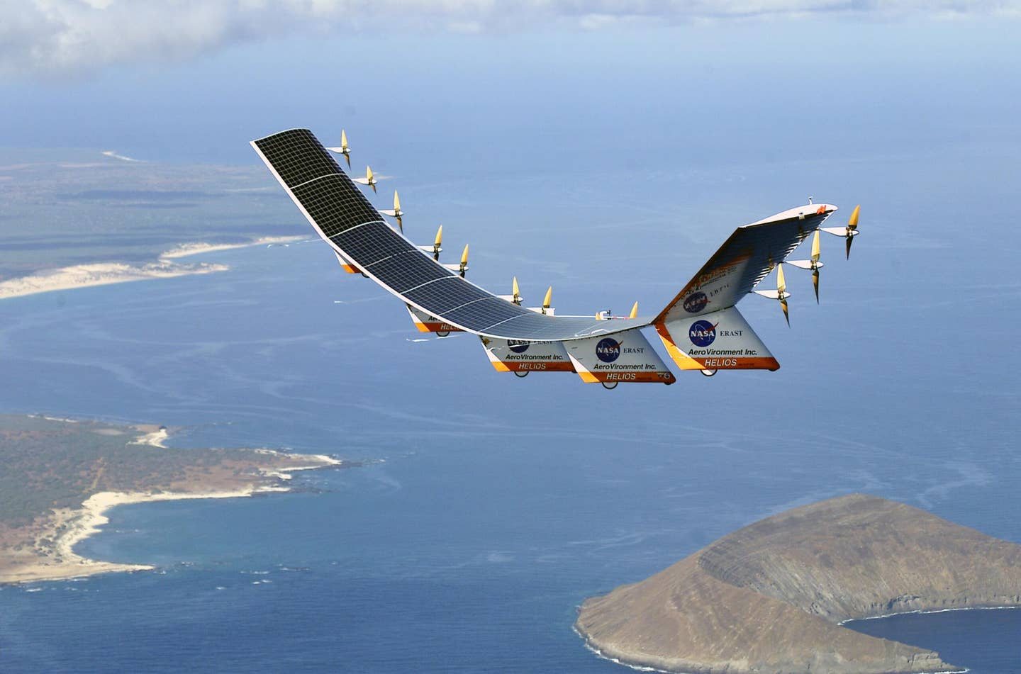 An aircraft similar to NASA’s solar-powered HELIOS is one example of the type of long-endurance, high-flying aircraft that could benefit from such a flying recharging station.
