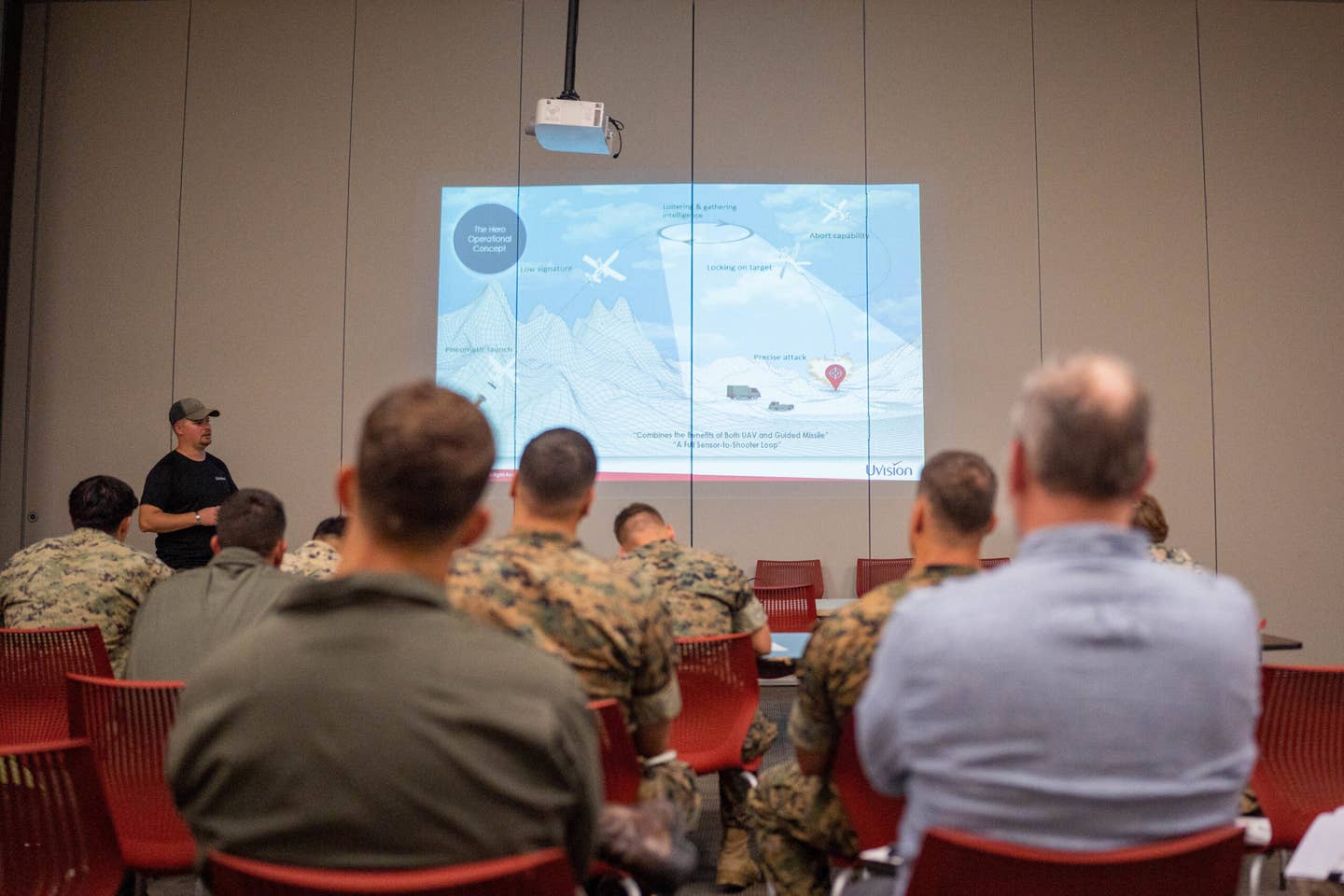 Matthew Guess, a Hero instructor with UVision-USA, instructs the Hero Aerial Loitering Munitions and Effects (ALME) Introductory Training Course on Camp Pendleton, California, in April. <em>U.S. Marine Corps photo by Cpl. Sarah Marshall</em>