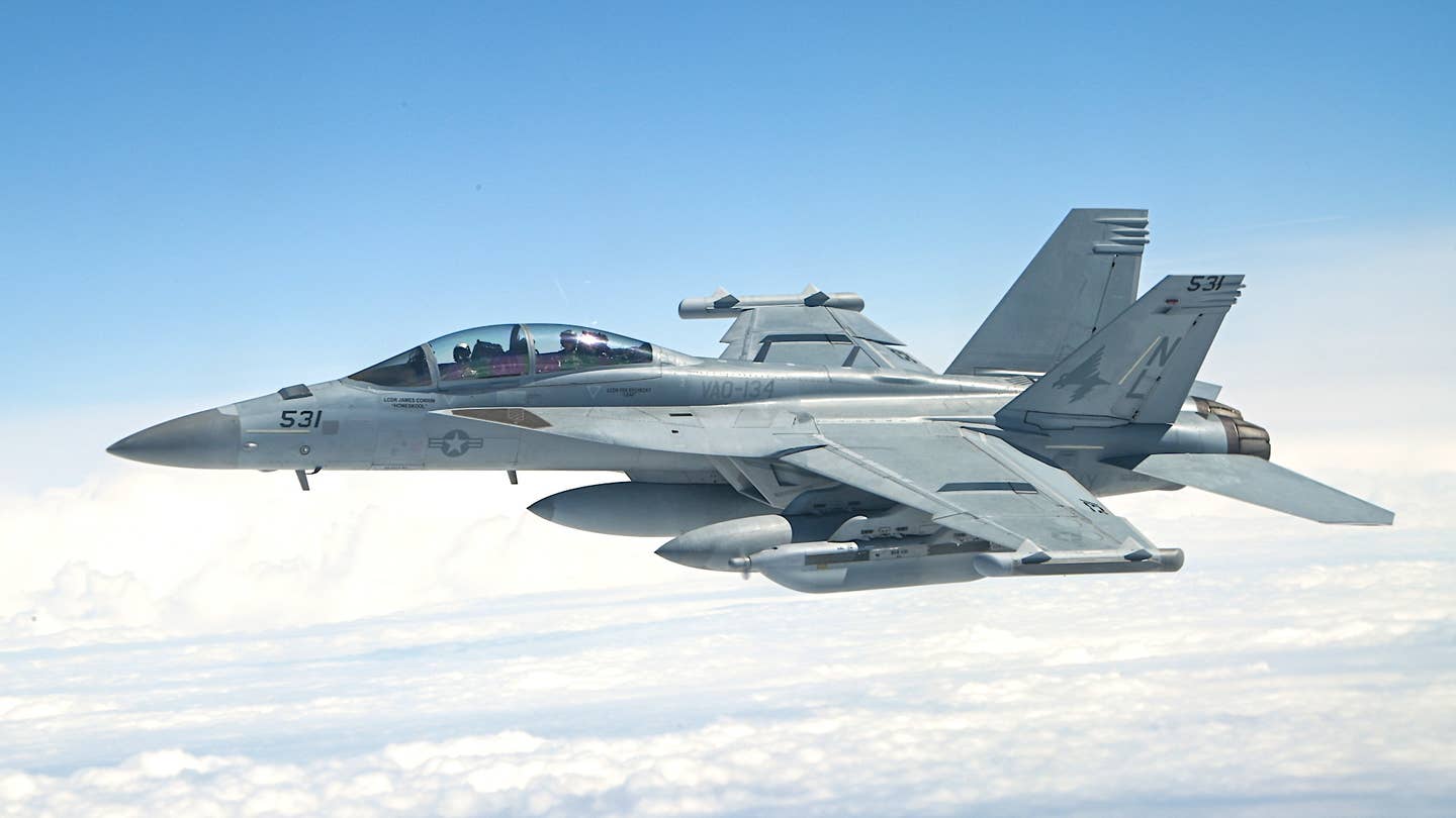 A US Navy EA-18G Growler forward-deployed to Spangdahlem Air Base in Germany flies over Poland in May 2022. <em>USAF / Staff Sgt. Chance Nardone</em>