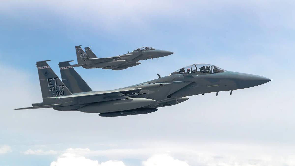 A pair of US Air Force F-15EX Eagle IIs, the only two such aircraft the service has at the time of writing. USAF