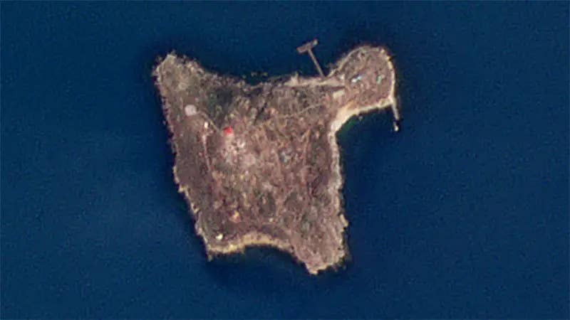 A satellite image of Snake Island taken on June 20, 2022, showing no evidence of the three scorched areas. PHOTO © 2022 PLANET LABS INC. ALL RIGHTS RESERVED. REPRINTED BY PERMISSION