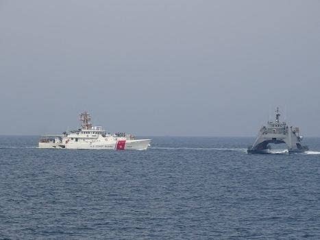 Iran’s Islamic Revolutionary Guard Corps Navy (IRGCN) <em>Harth 55 </em>conducted "an unsafe and unprofessional maneuver" while operating near <em>USCGC Robert Goldman</em> as it transited the Strait of Hormuz, March 4, 2022. (U.S. Navy photo)<br><br>