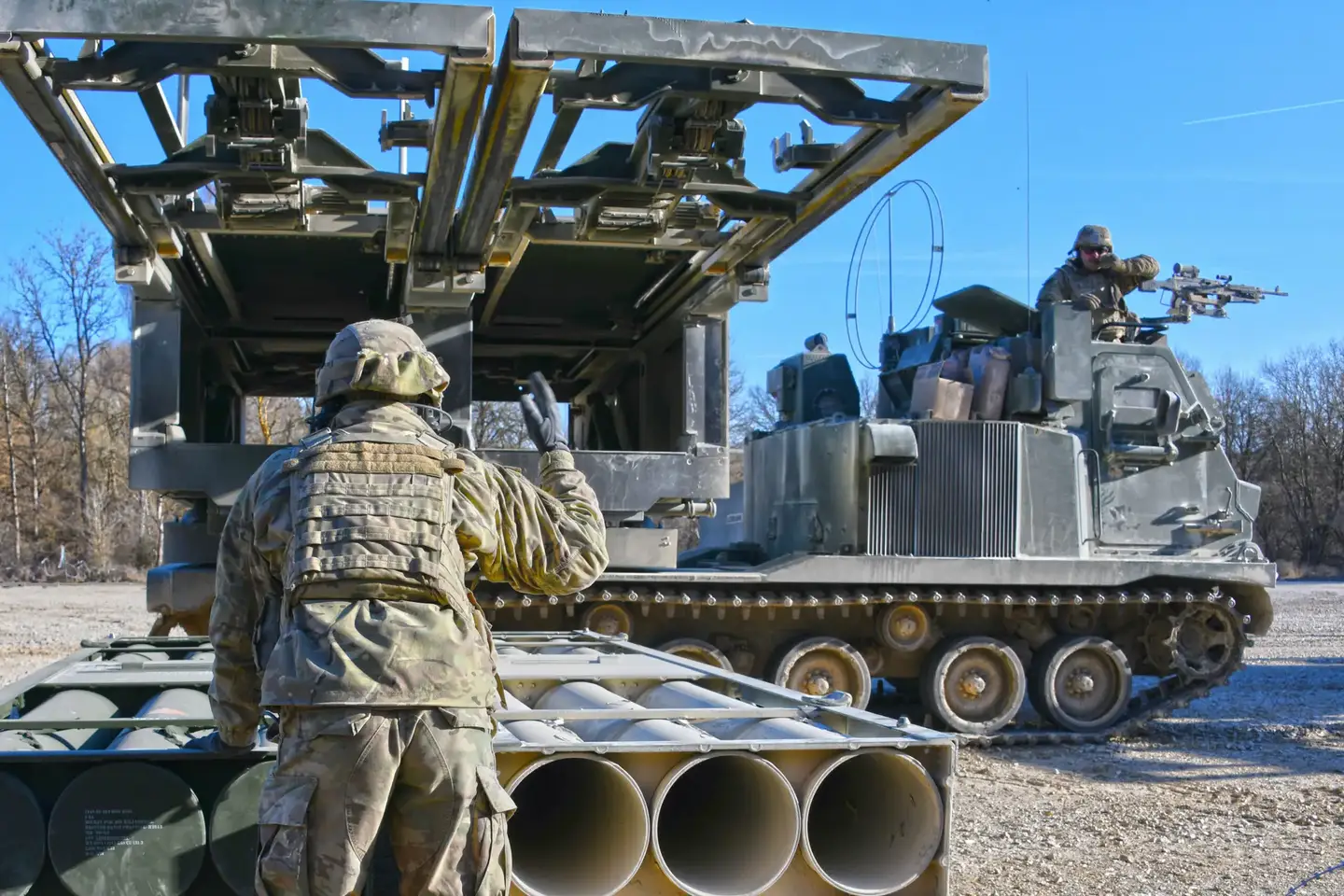 U.S. Soldiers load an M270 Multiple Launch Rocket System at Grafenwoehr Training Area, Germany, in March.&nbsp;<em>U.S. Army photo by Gertrud Zach</em>